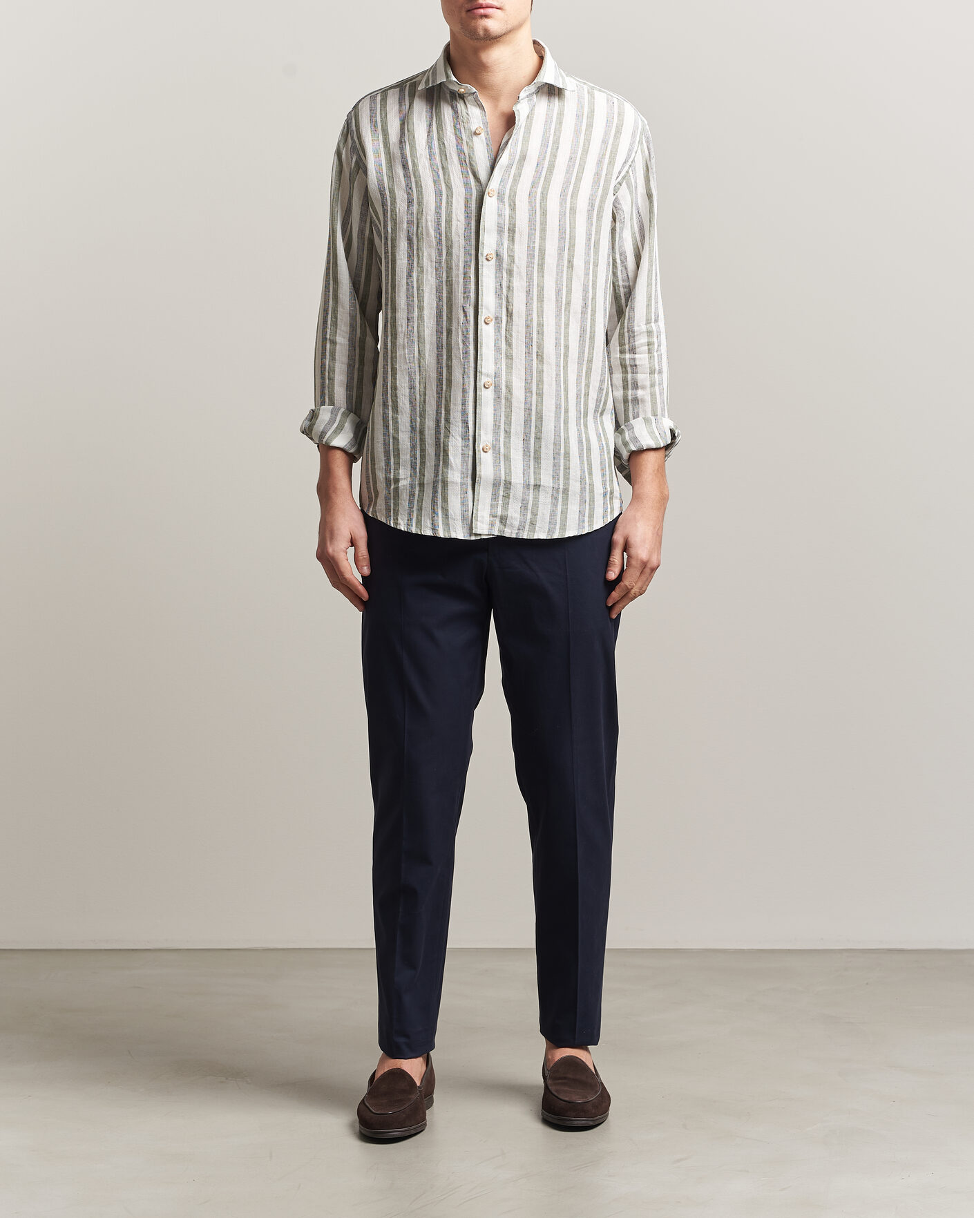 Homme | Chemises | Eton | Casual Fit Striped Linen Shirt Dark Green