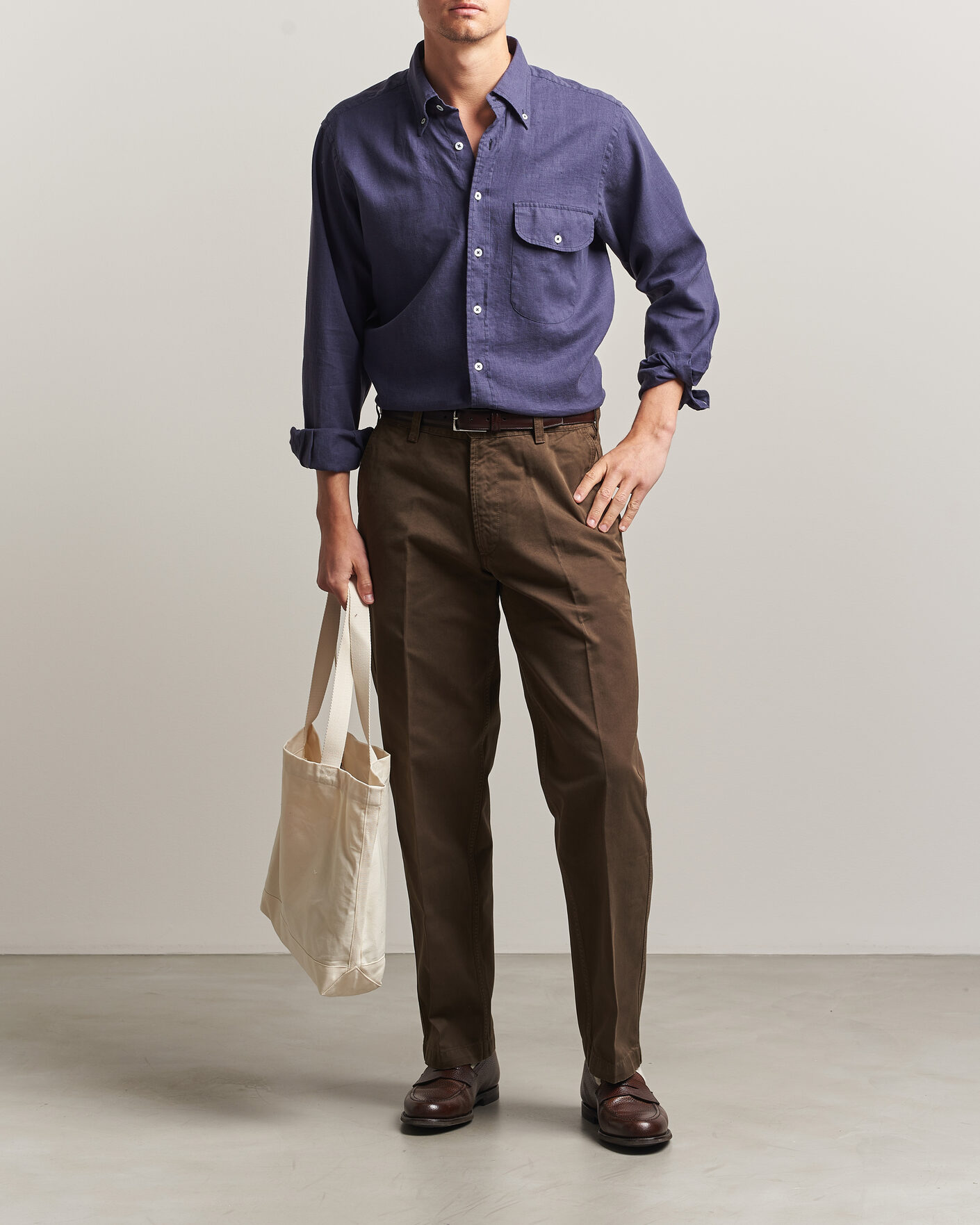 Homme | Chemises | Drake's | Linen Button Down Curved Pocket Shirt Navy
