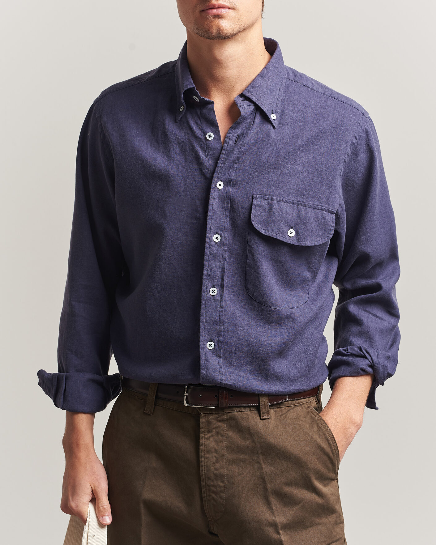 Homme | Chemises | Drake's | Linen Button Down Curved Pocket Shirt Navy