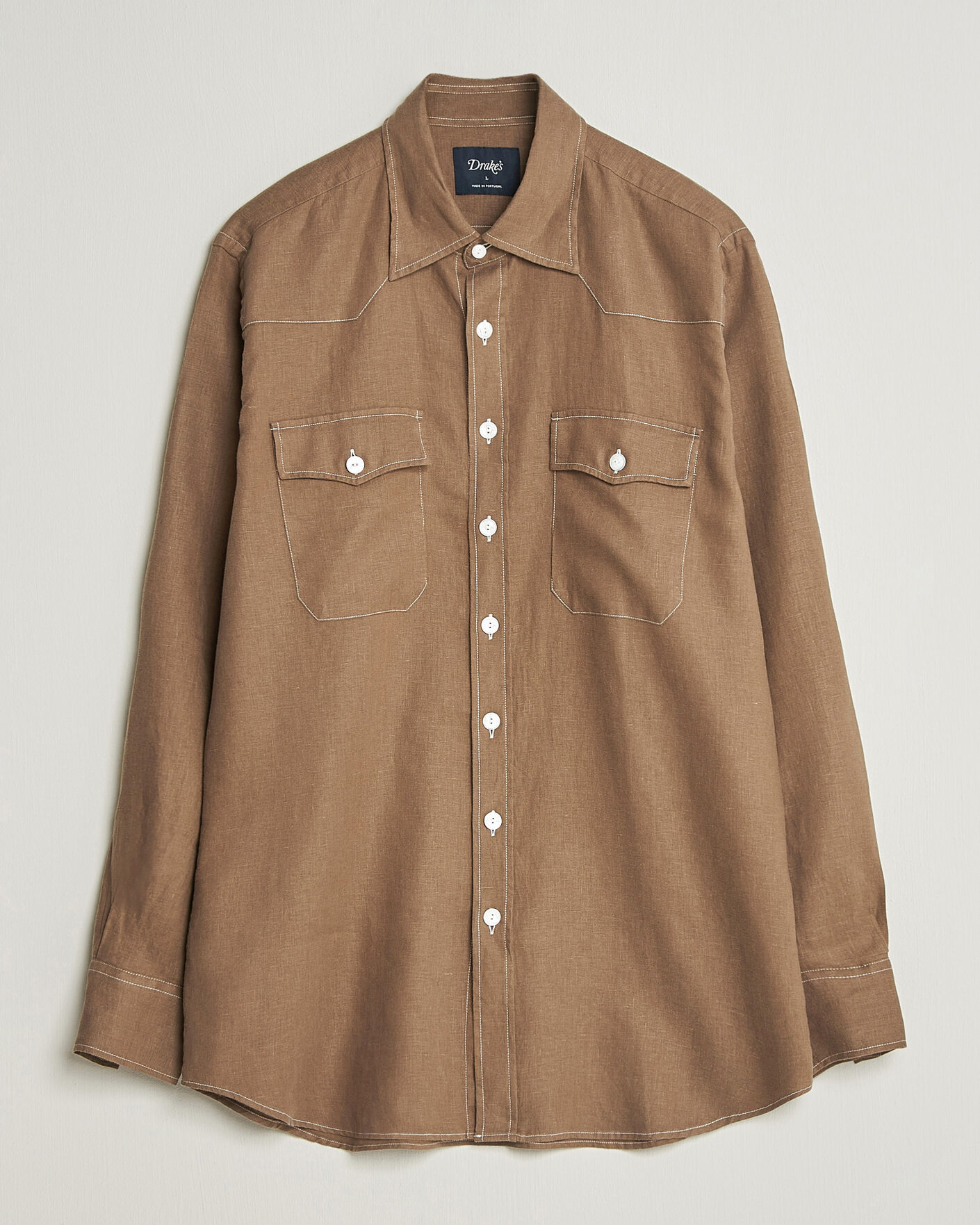 Homme | Chemises | Drake's | Solid Linen Western Shirt Brown
