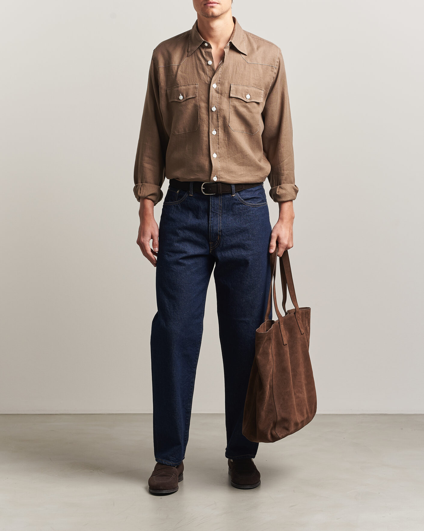 Homme | Chemises | Drake's | Solid Linen Western Shirt Brown