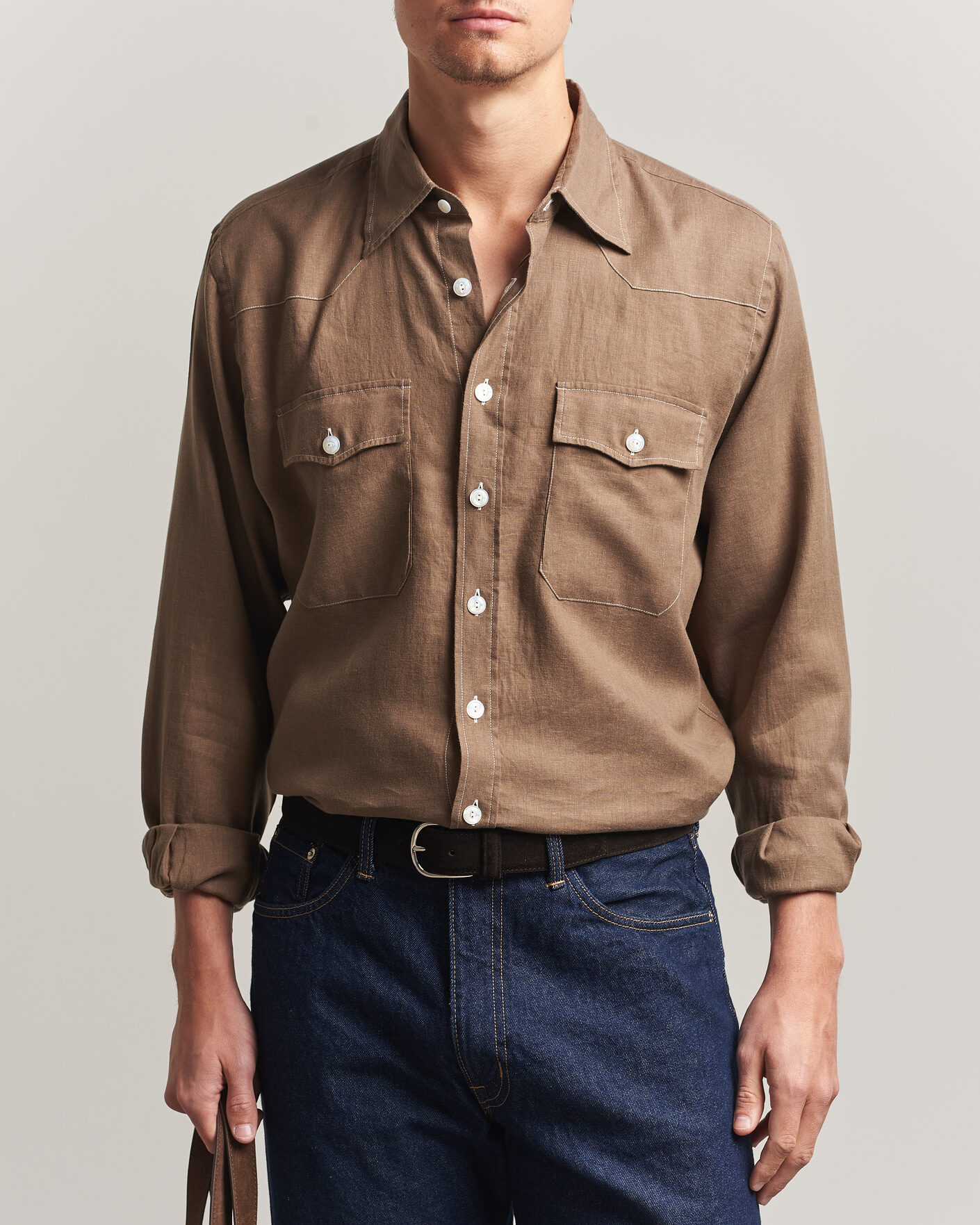 Homme | Chemises | Drake's | Solid Linen Western Shirt Brown