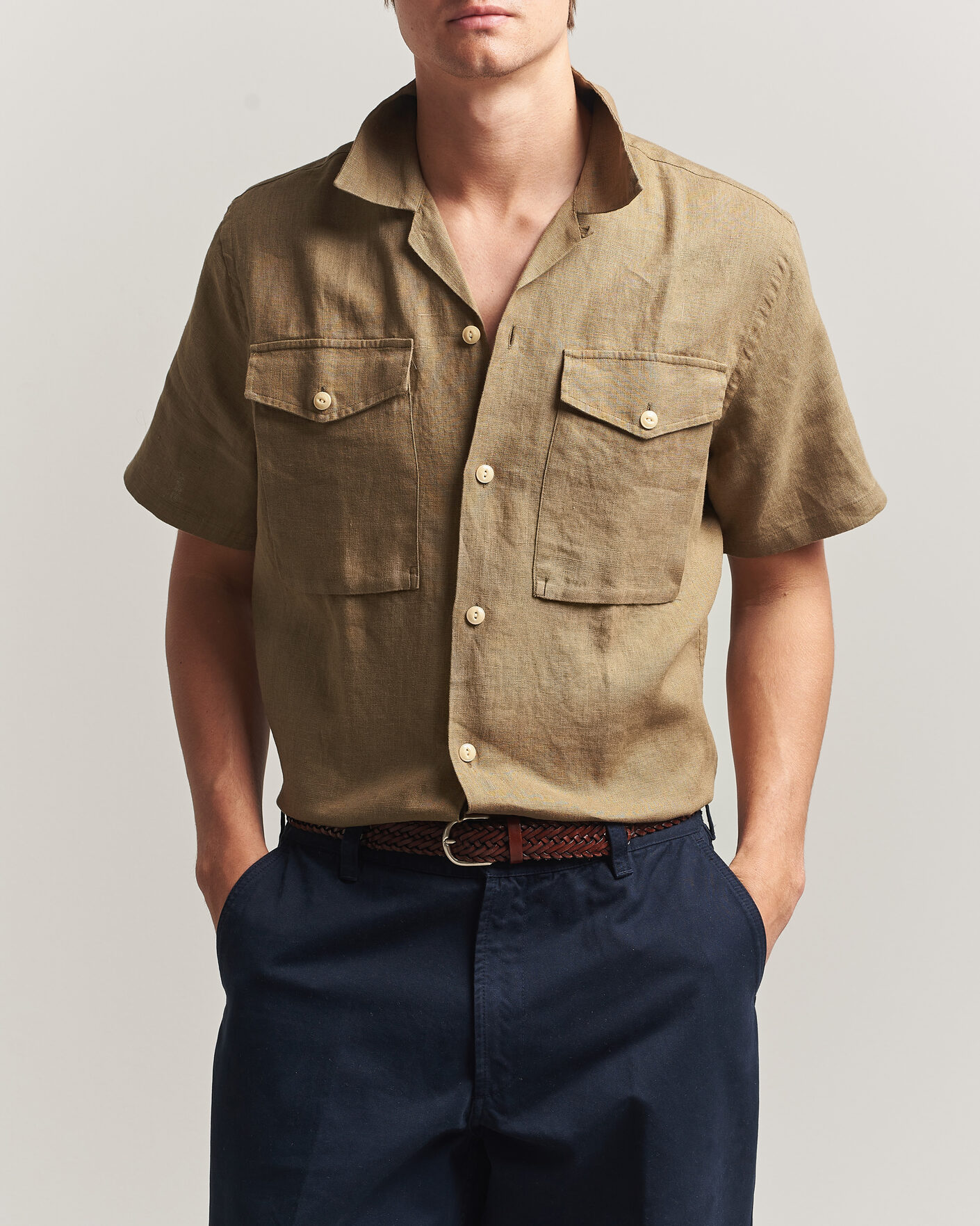 Heren | Overhemden | Drake's | Military Short Sleeve Camp Collar Shirt Khaki