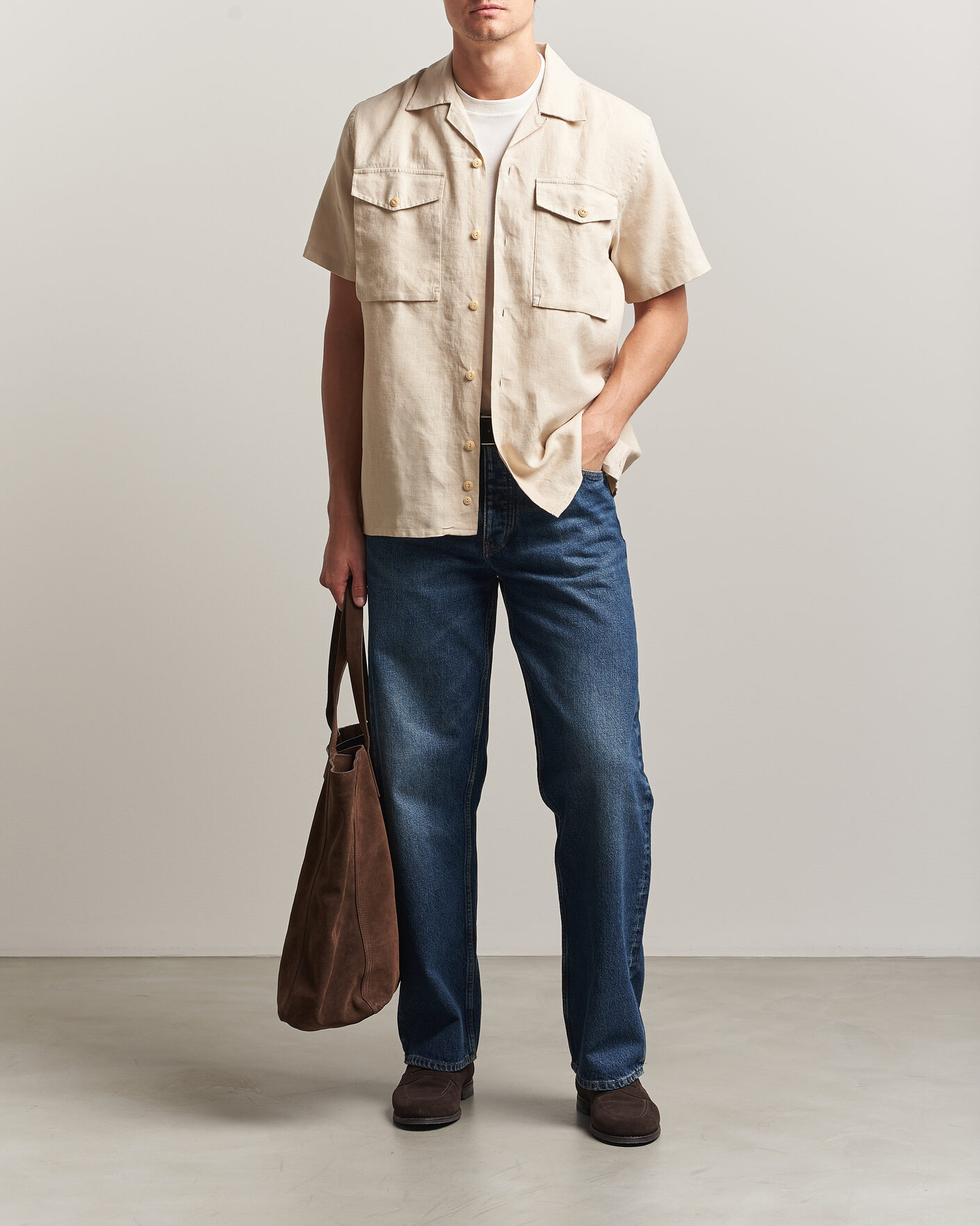 Homme | Chemises | Drake's | Military Short Sleeve Camp Collar Shirt Ecru