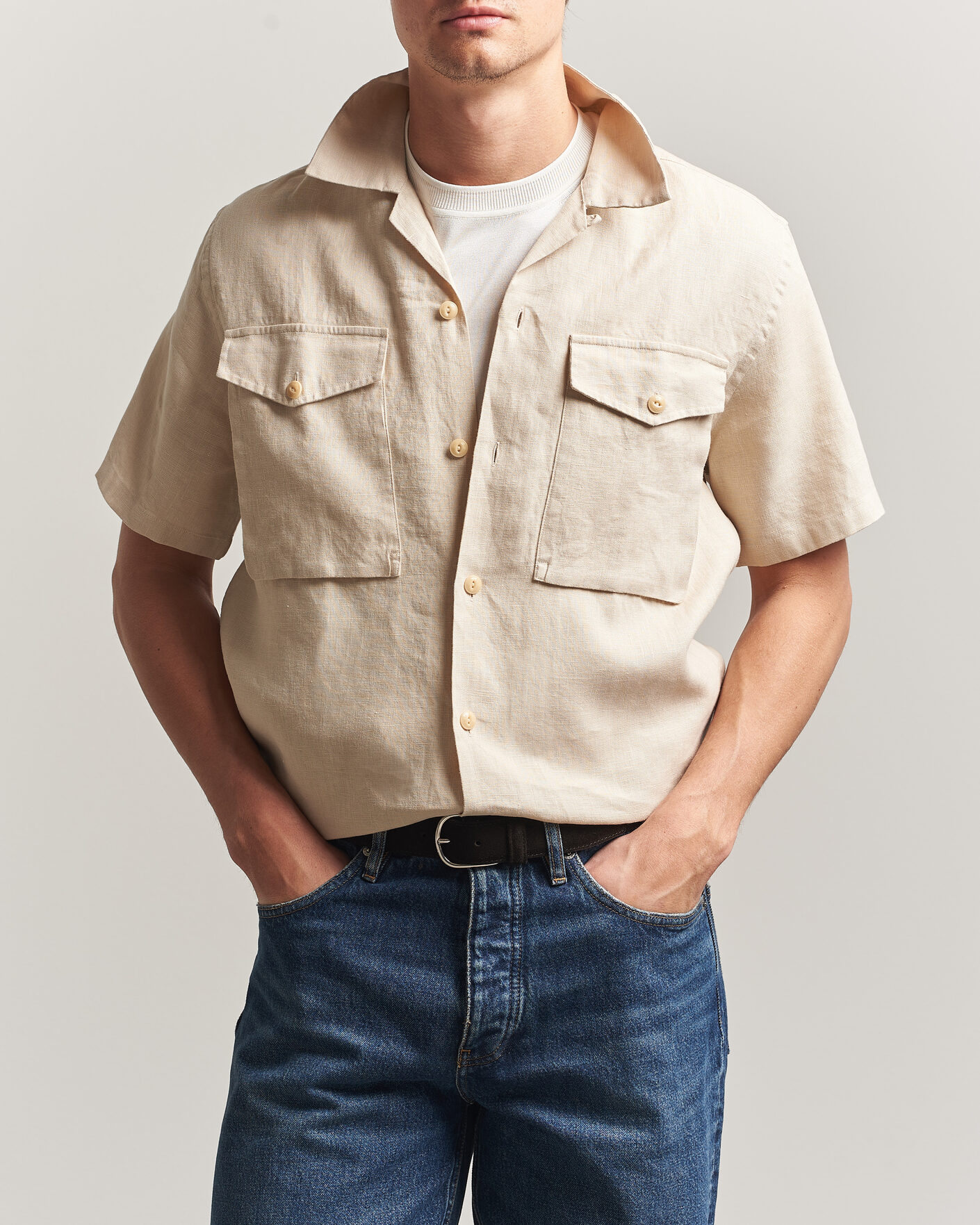 Homme | Chemises | Drake's | Military Short Sleeve Camp Collar Shirt Ecru