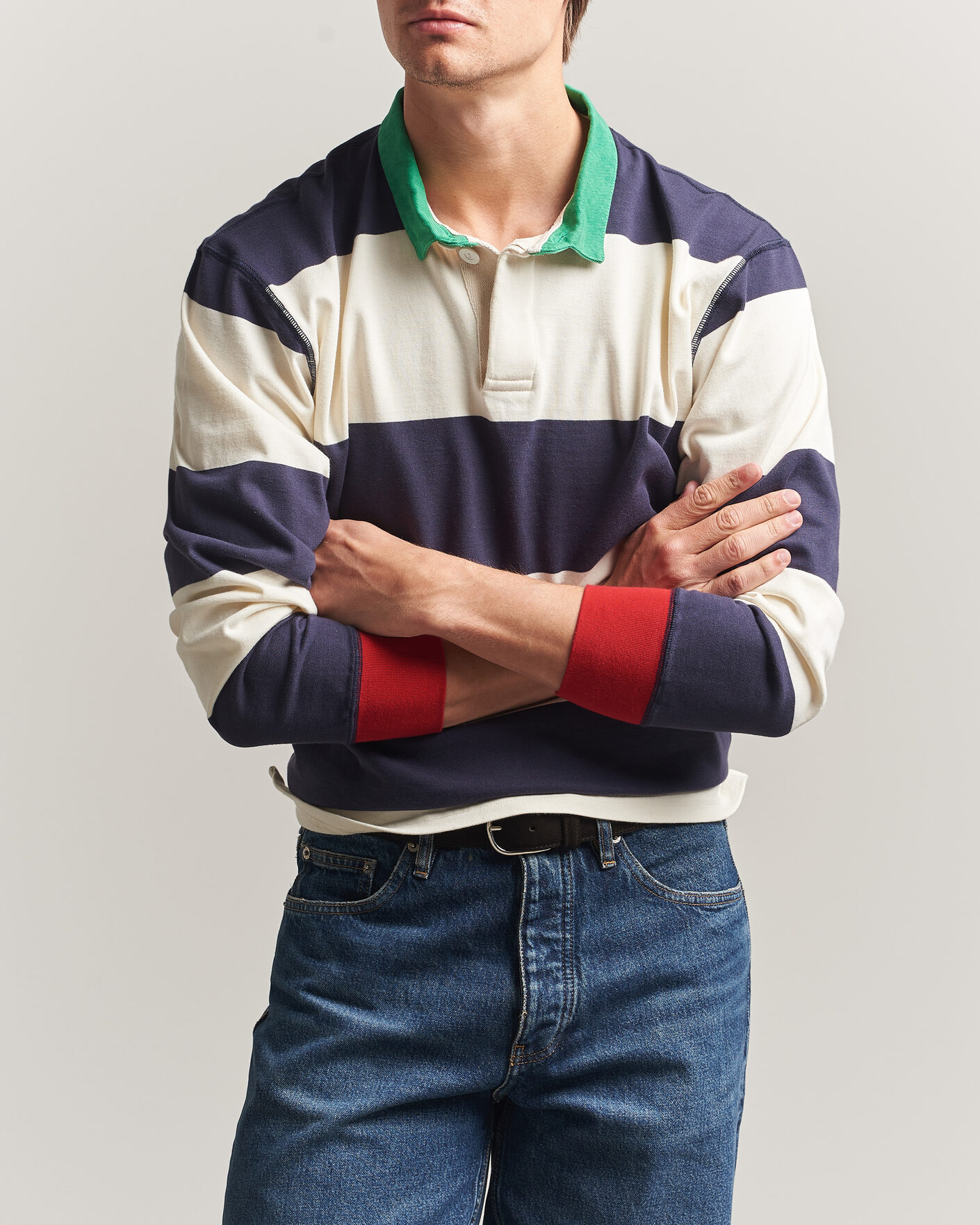 Heren | Truien | Drake's | Dual Block Stripe Rugby Whie/Navy