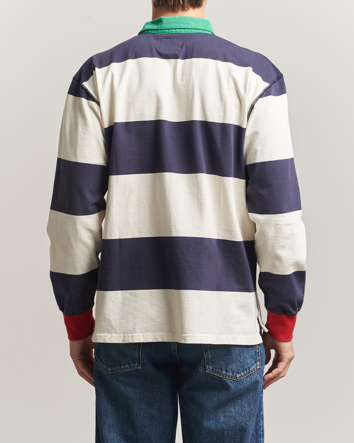 Heren | Truien | Drake's | Dual Block Stripe Rugby Whie/Navy