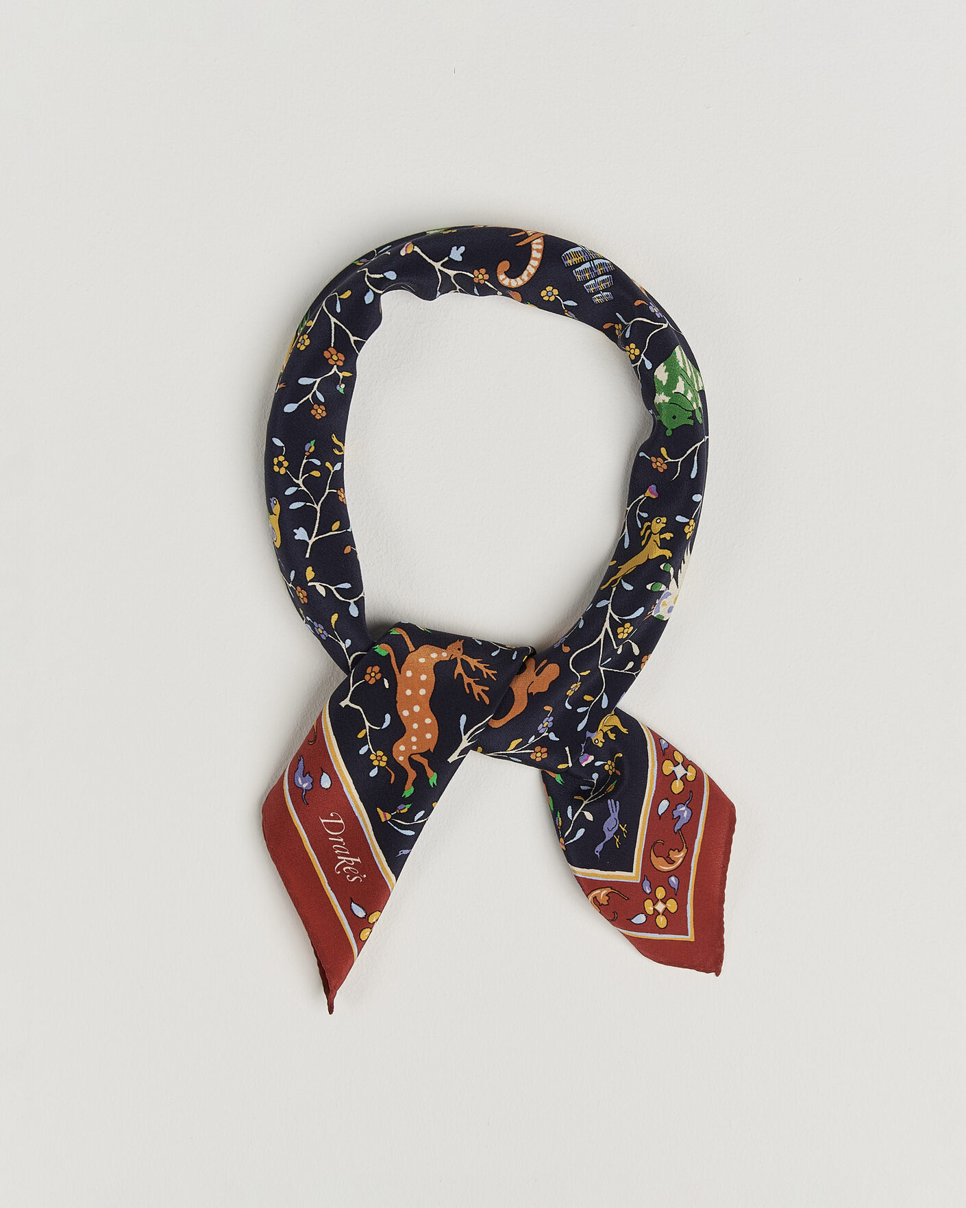 Heren | Sjaals | Drake's | Animals And Flowers Print Crepe Silk Bandana Blue