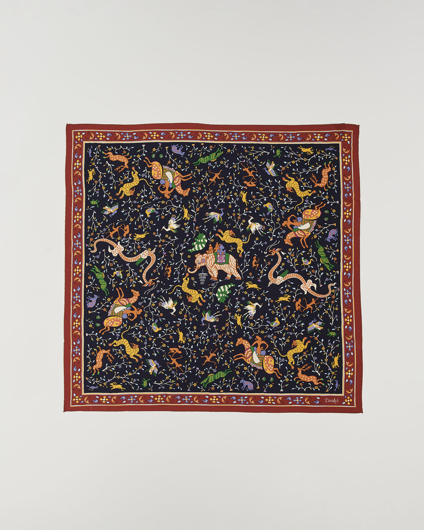 Heren | Sjaals | Drake's | Animals And Flowers Print Crepe Silk Bandana Blue