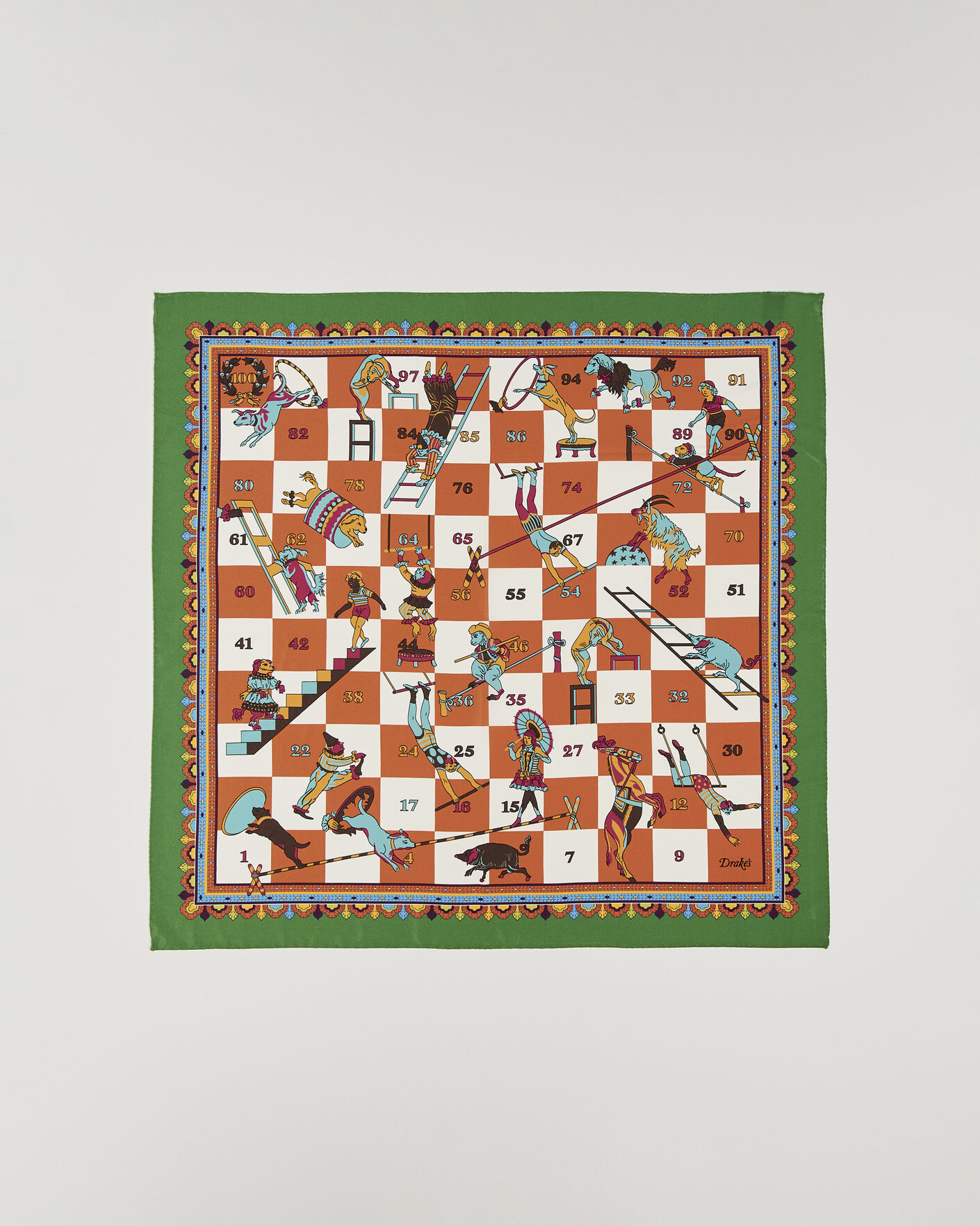 Heren | Sjaals | Drake's | Snakes & Ladders Print Crepe Silk Bandana Green