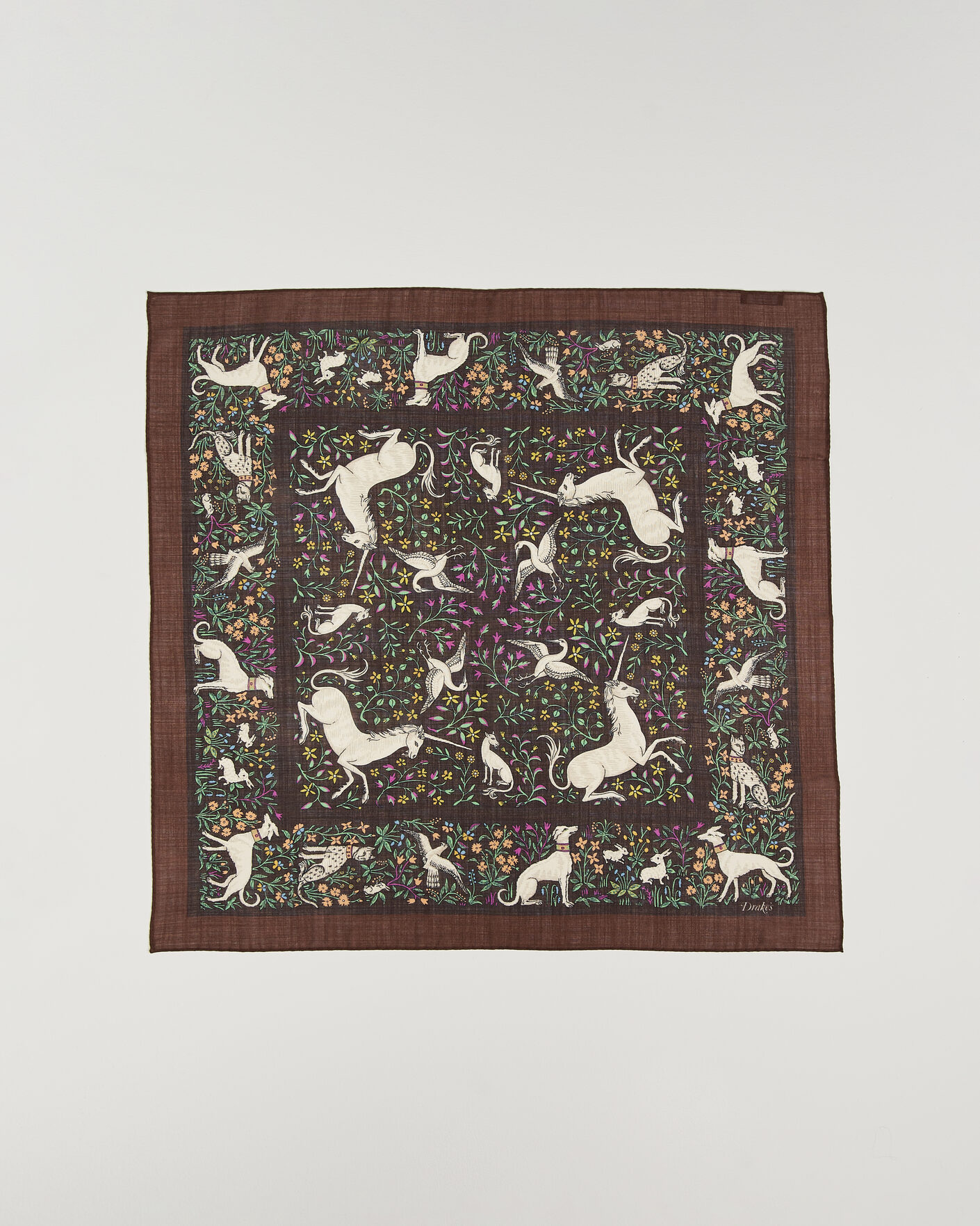 Heren | Sjaals | Drake's | Unicorn Print Wool/Silk Bandana Brown