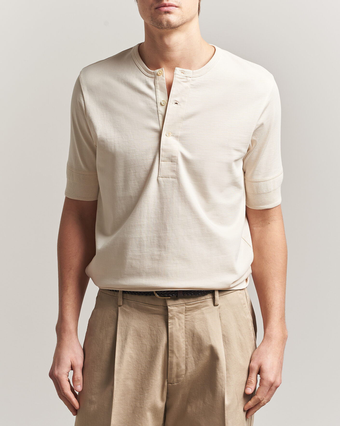 Heren | T-shirts | Merz b. Schwanen | Classic Organic Cotton Short Sleeve Henley Nature