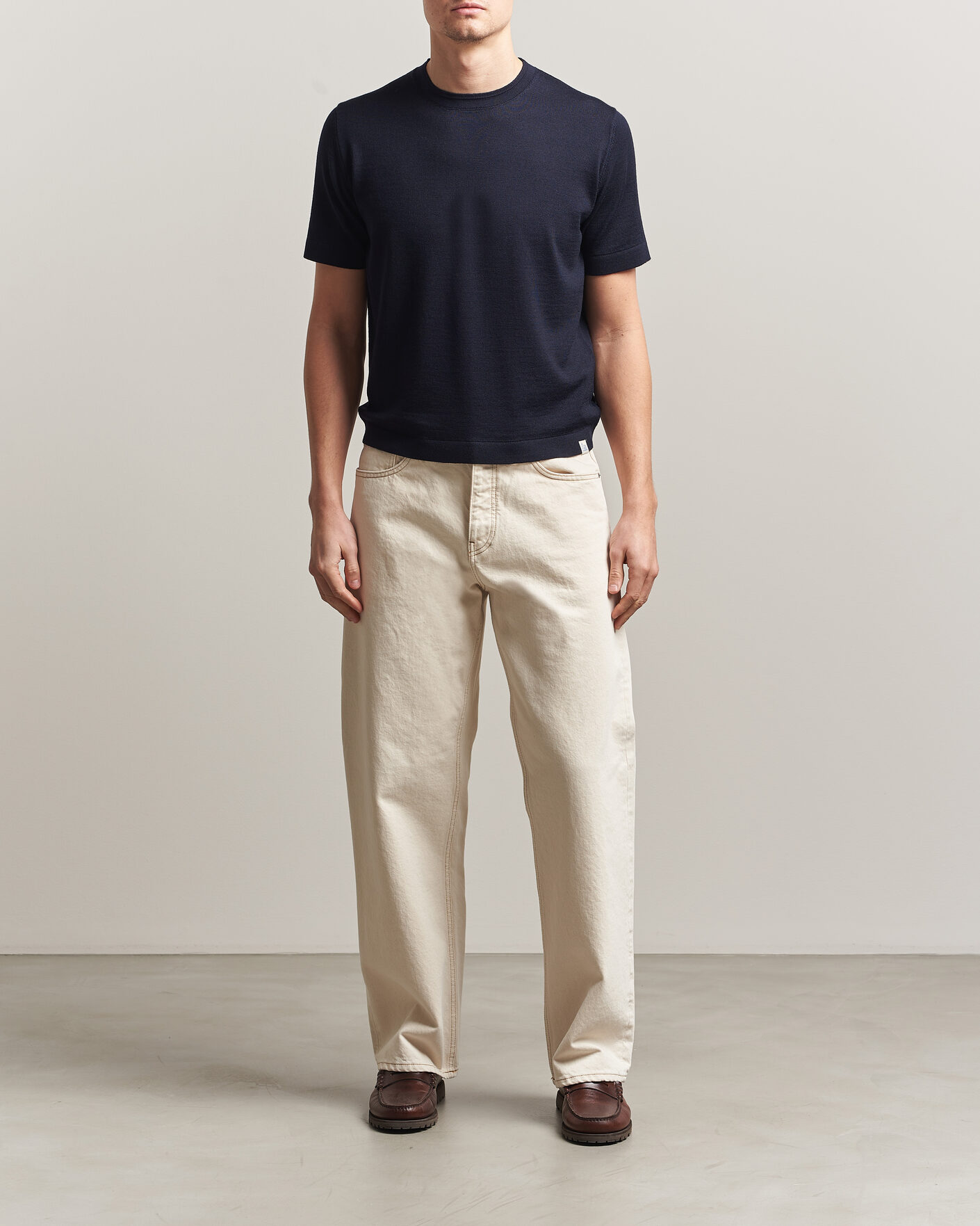 Heren | T-shirts | Merz b. Schwanen | Relaxed Fit Merino Knitted T-Shirt Dark Navy