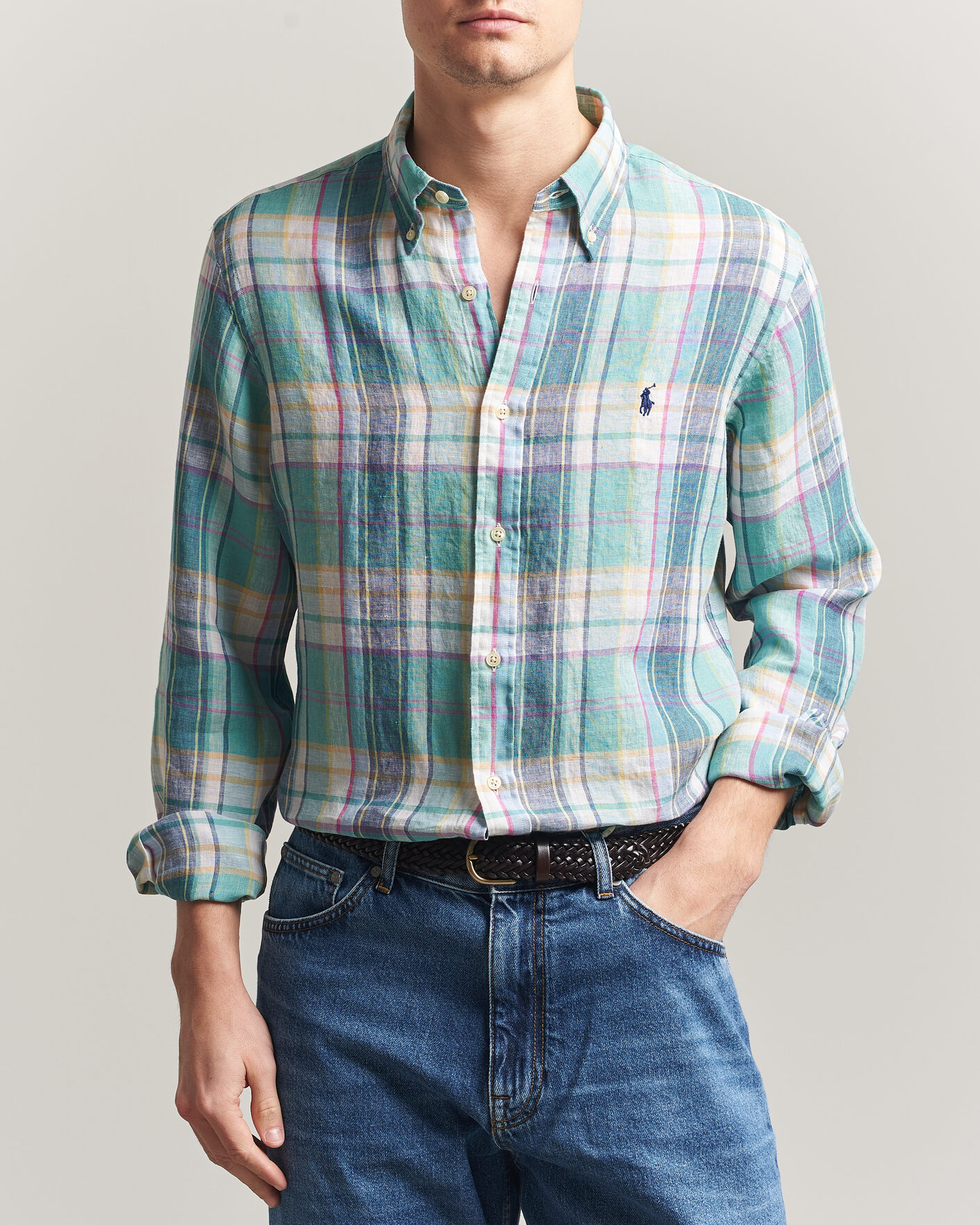 Heren | Overhemden | Polo Ralph Lauren | Custom Fit Check Linen Shirt Green/Blue/White