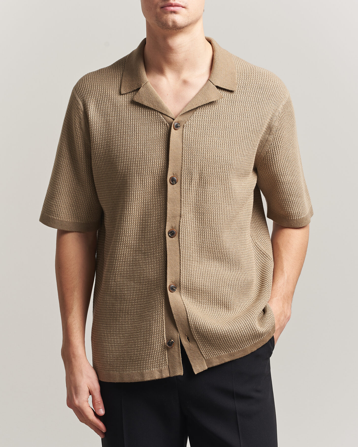 Heren | Overhemden | Tiger of Sweden | River Knitted Short Sleeve Shirt Umber Brown