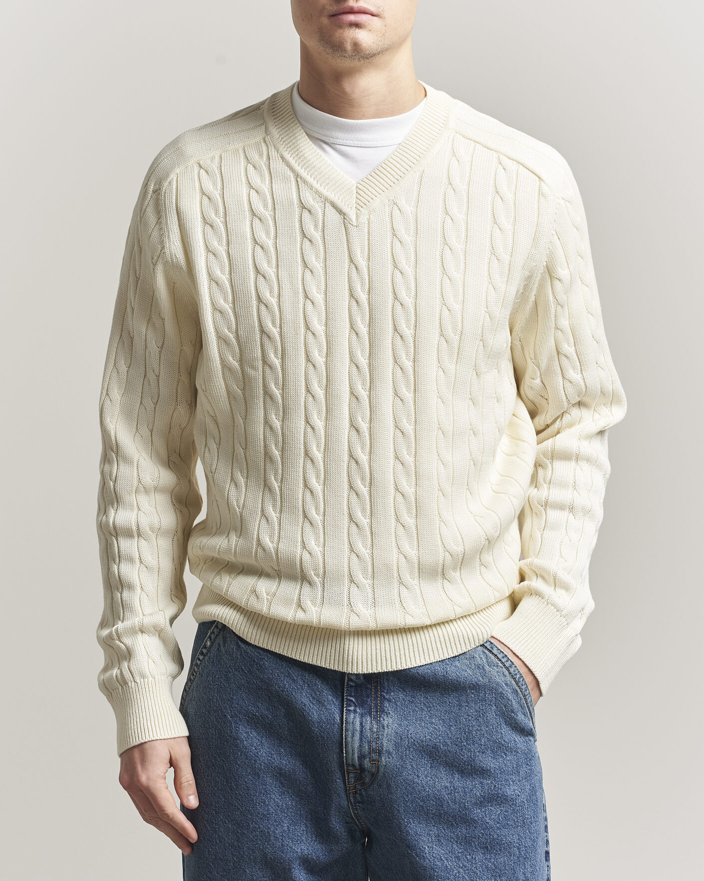 Homme | Pulls Et Tricots | Filippa K | Cotton Cable V-Neck Sweater Calico White
