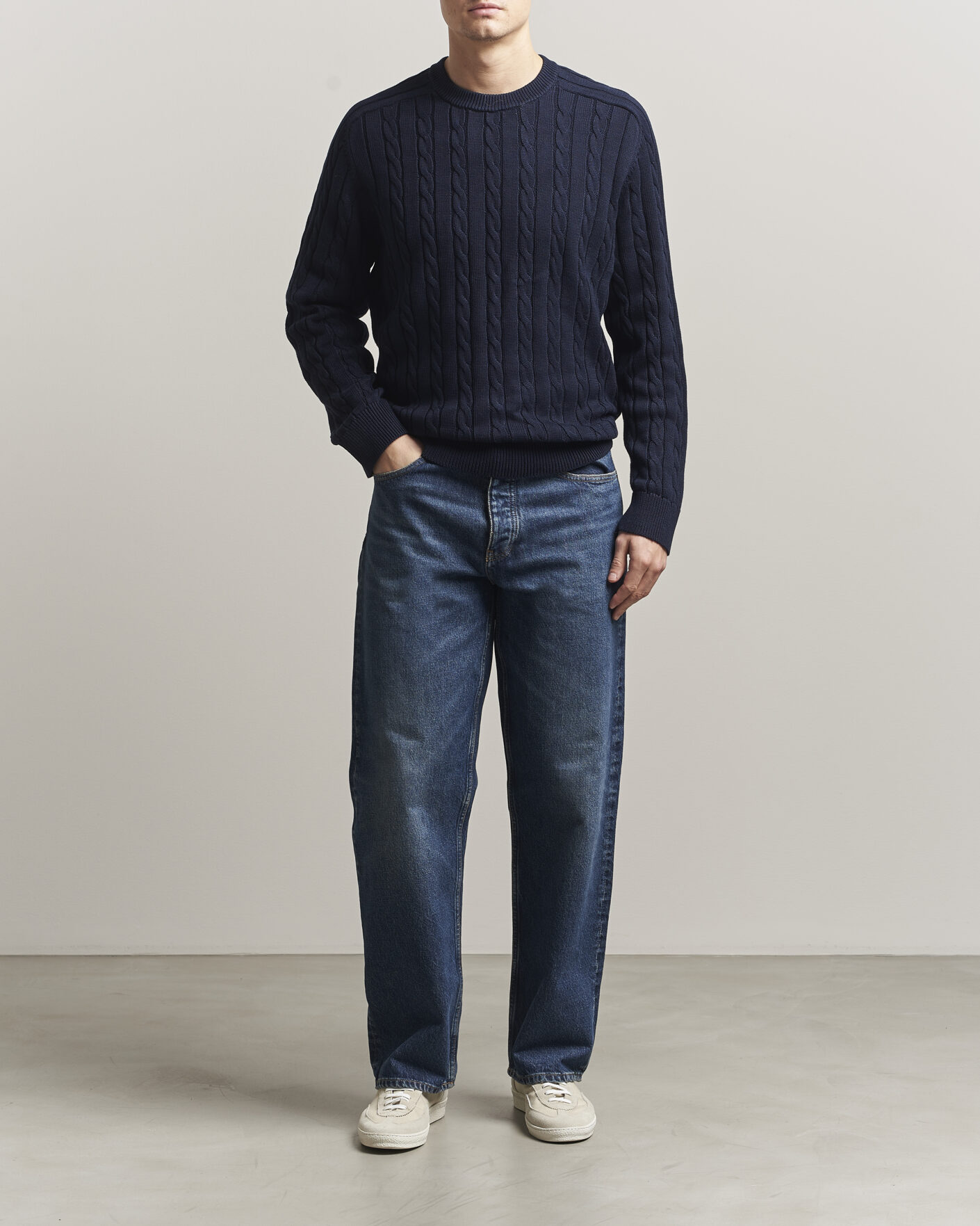 Heren | Truien | Filippa K | Cotton Cable Crew Neck Sweater Navy