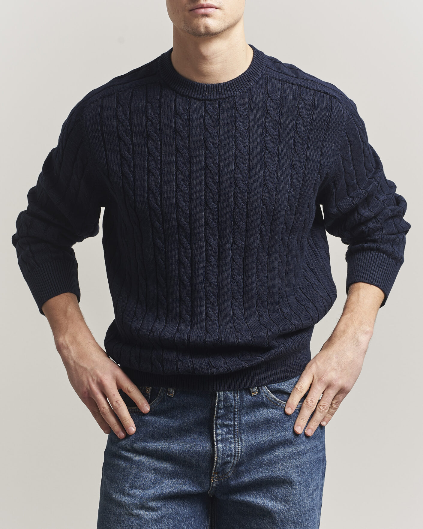 Heren | Truien | Filippa K | Cotton Cable Crew Neck Sweater Navy