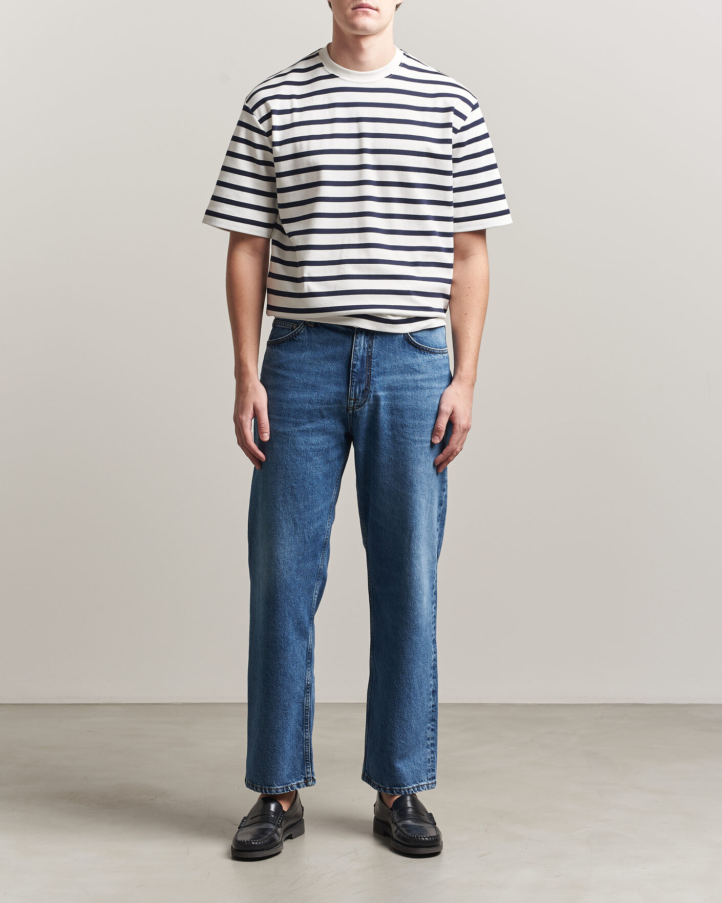 Heren | T-shirts | Filippa K | Striped Crew Neck T-Shirt White/Navy