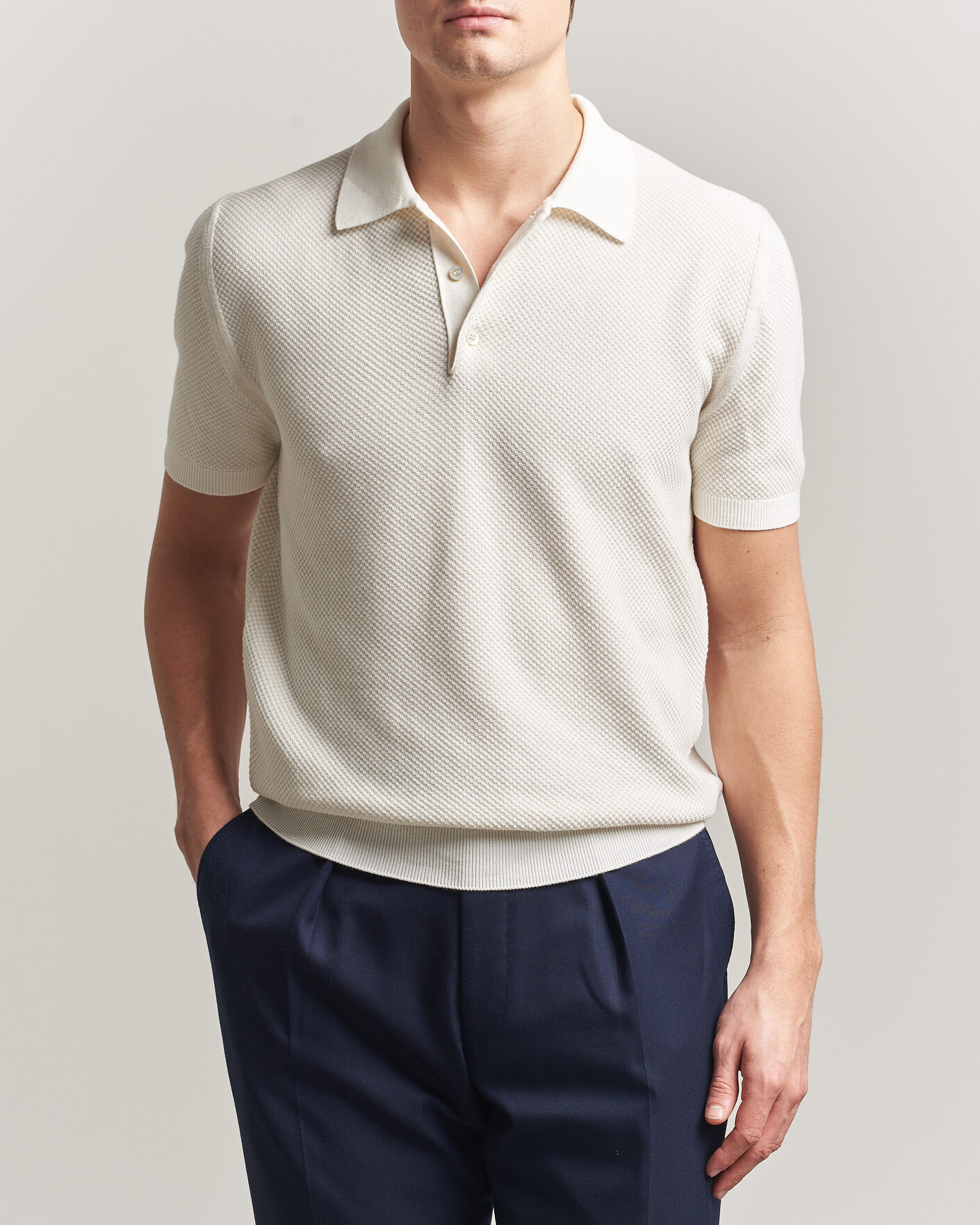 Homme | Polos | Canali | Textured Knit Short Sleeve Polo Off White