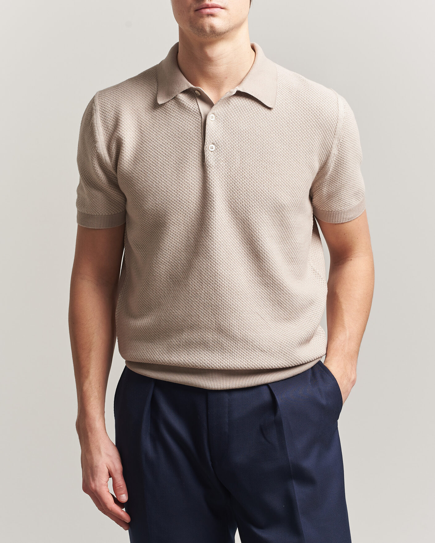 Homme | Polos | Canali | Textured Knit Short Sleeve Polo Light Beige