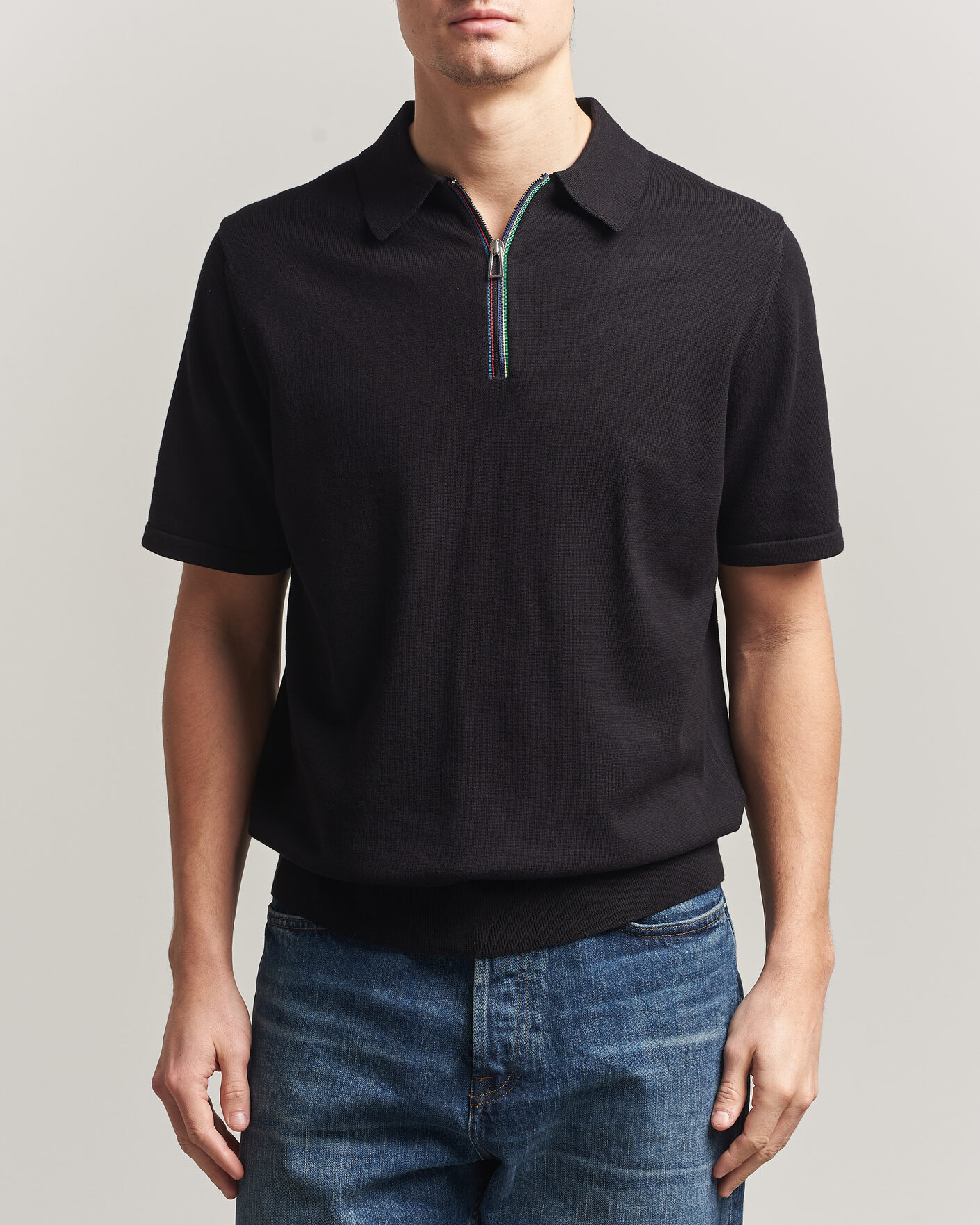 Homme | Polos | PS Paul Smith | Cotton Knitted Half Zip Polo Black