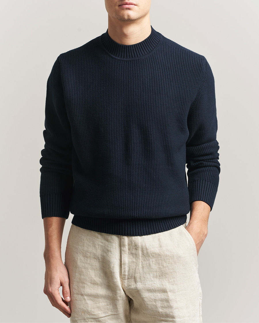 Heren | Truien | Sunspel | Cotton Stitch Mock Neck Navy