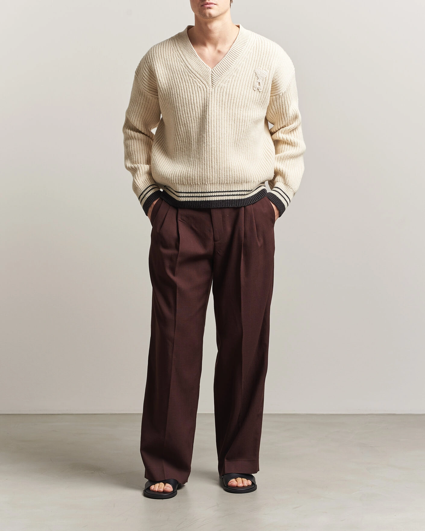 Homme | Pulls Et Tricots | AMI | Wool/Cotton Ribbed V-Neck Creme