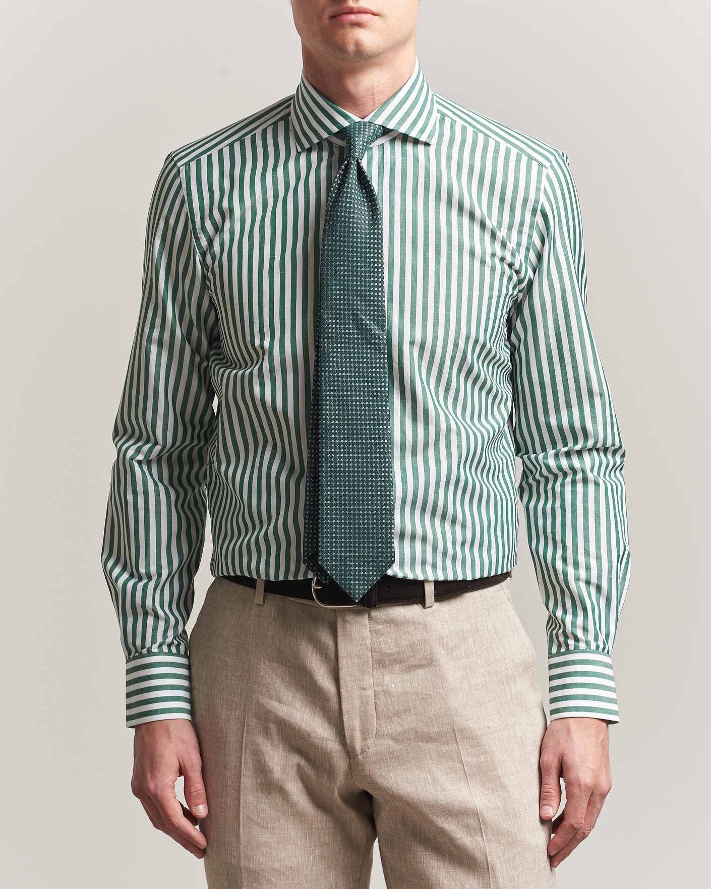 Heren | Overhemden | 100Hands | Cotton/Linen Bengal Stripe Shirt Green