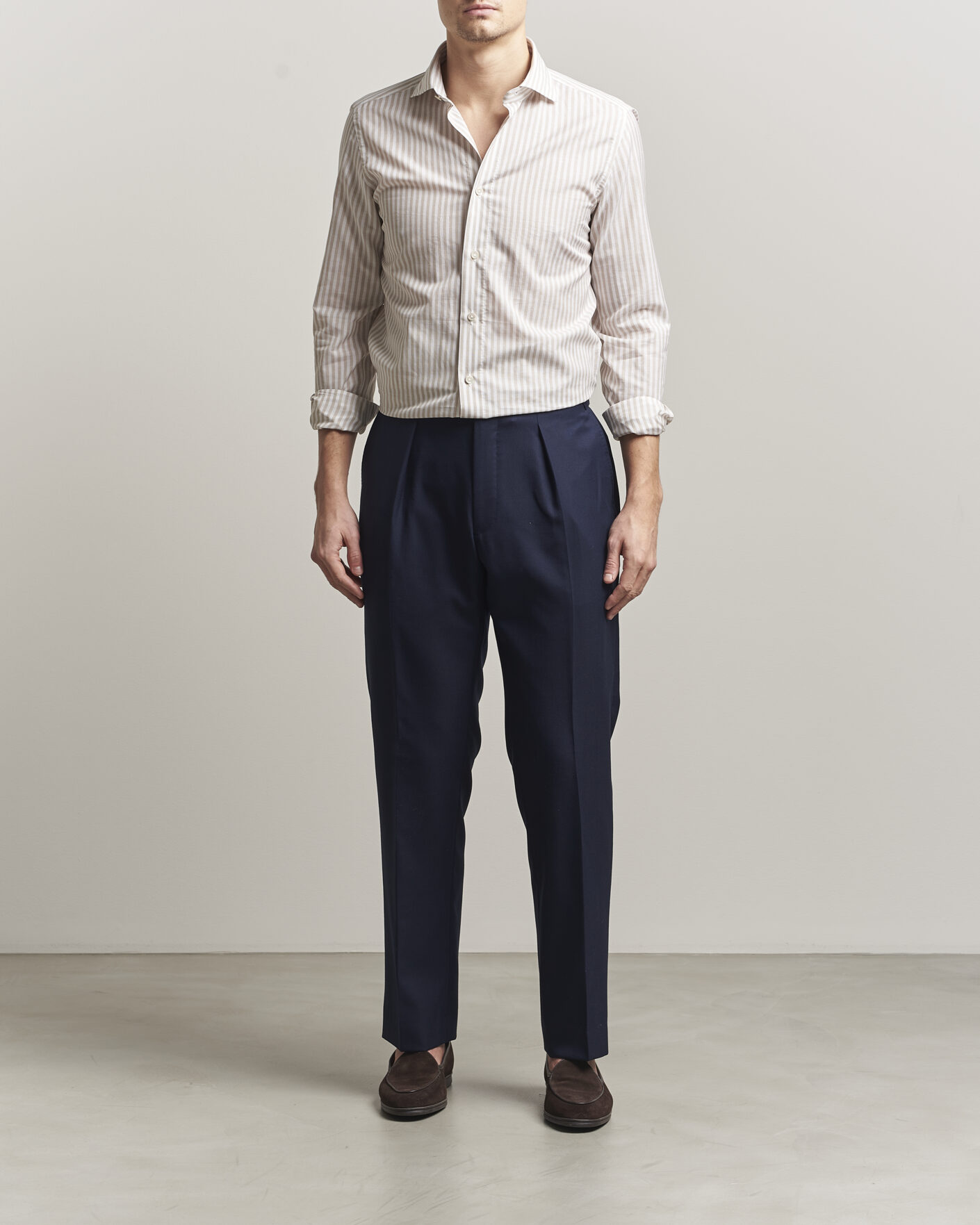 Homme | Chemises | 100Hands | Cotton/Linen Bengal Stripe Shirt Light Brown