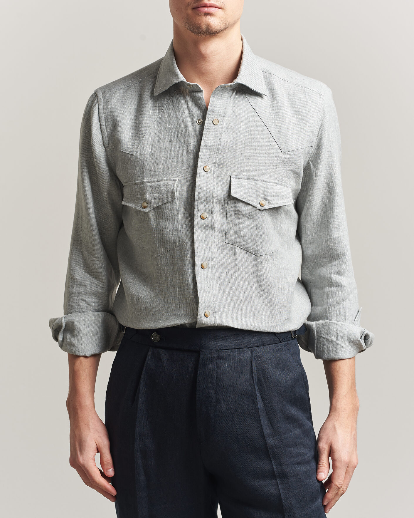 Homme | Chemises | 100Hands | Two Pocket Western Linen Shirt Mint Green