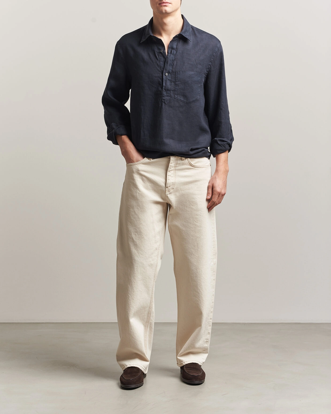 Heren | Overhemden | Aspesi | Popover Linen Shirt Navy