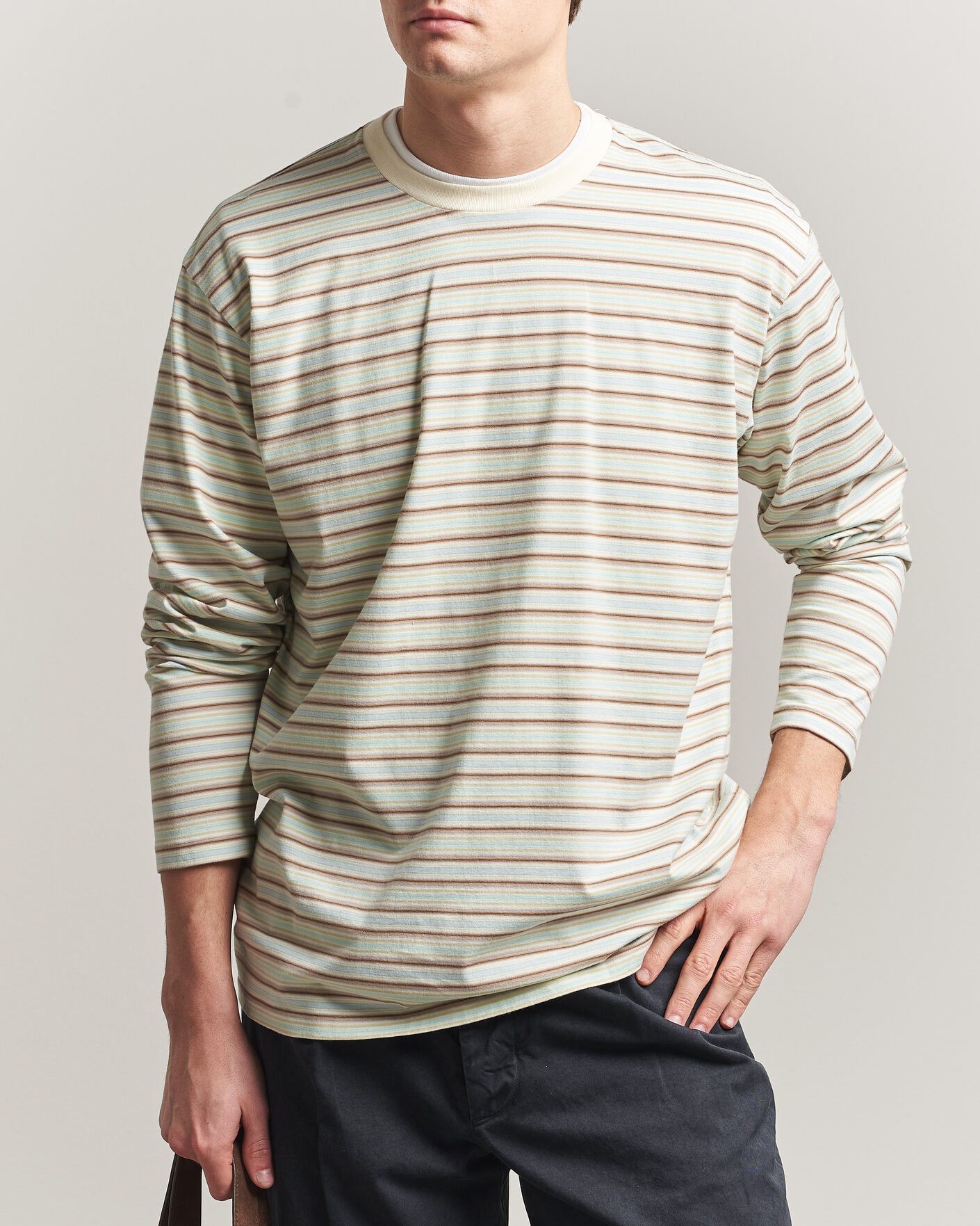 Homme | T-shirts | Auralee | Long Sleeve Cotton T-Shirt Mint Stripe
