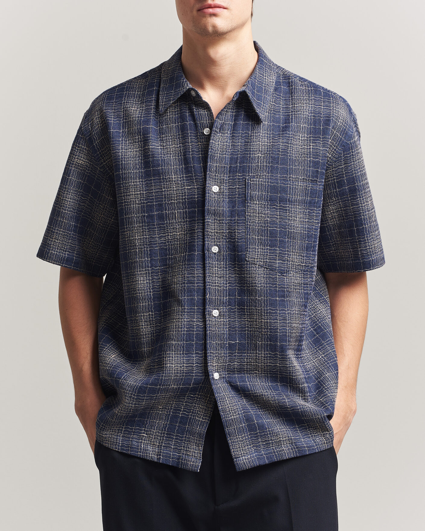 Heren | Overhemden | Palmes | Cotton/Linen Short Sleeve Shirt Navy Check