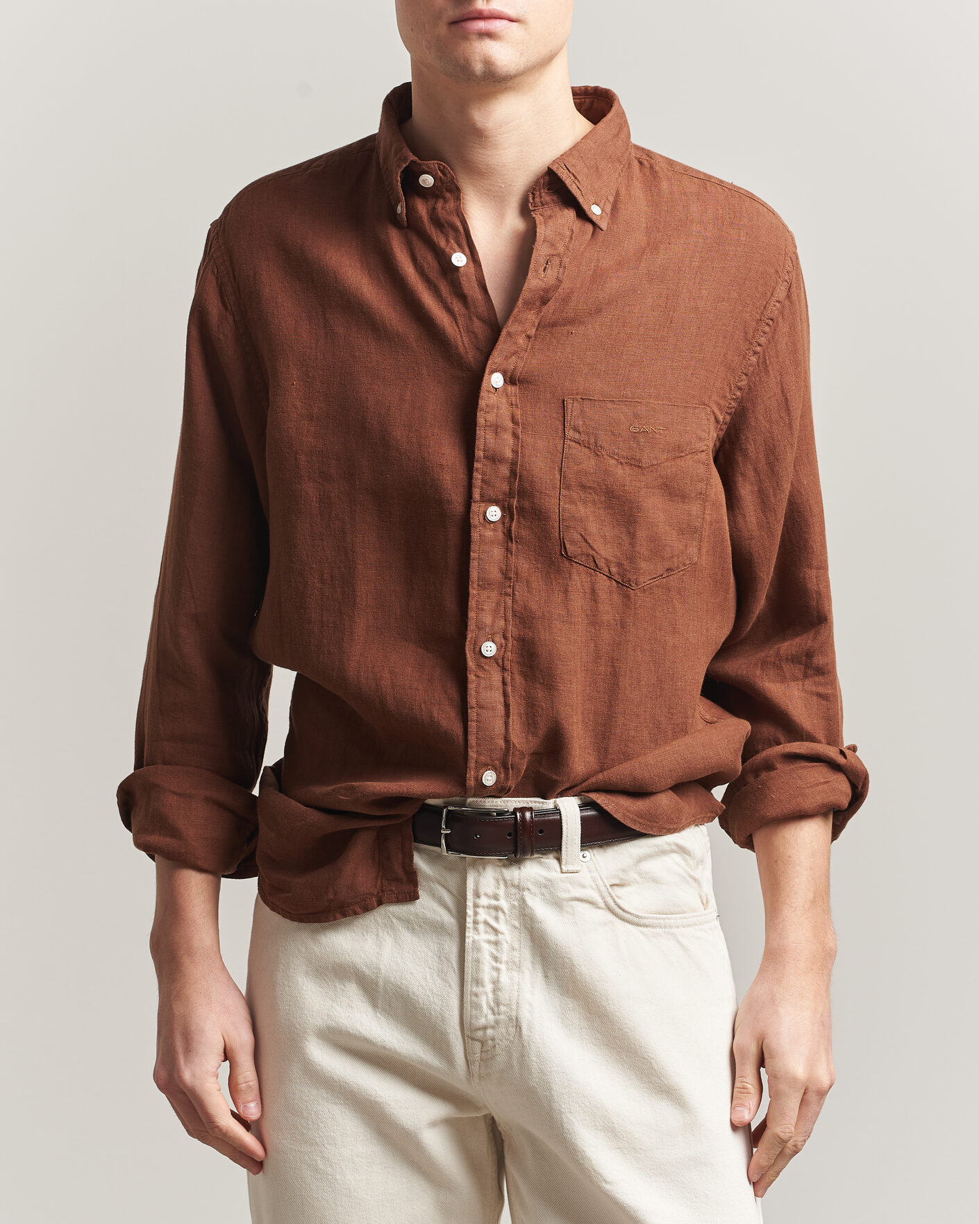 Heren | Overhemden | Gant | Regular Fit Garment Dyed Linen Shirt Mahogany Brown