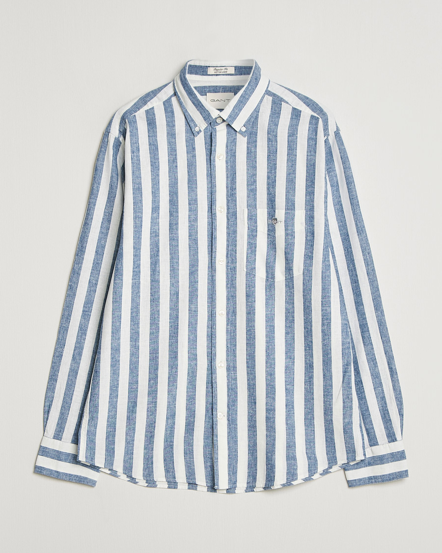 Heren | Overhemden | Gant | Regular Fit Linen/Cotton Striped Shirt Vintage Blue