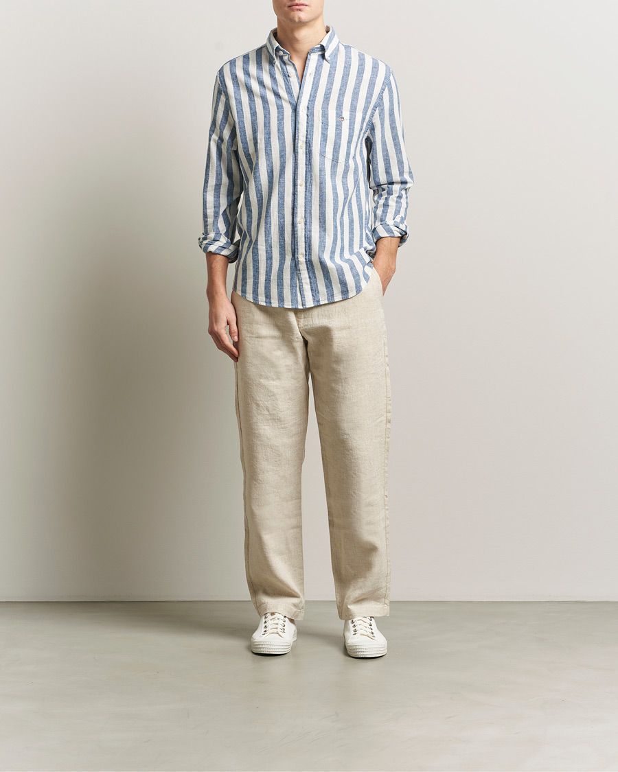 Heren | Overhemden | Gant | Regular Fit Linen/Cotton Striped Shirt Vintage Blue
