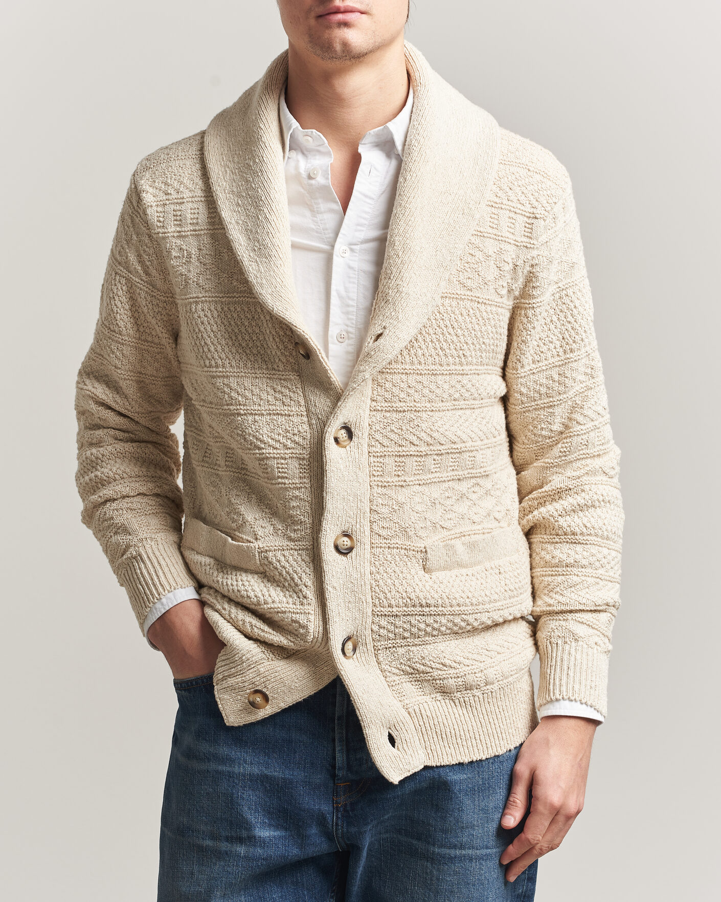 Homme | Pulls Et Tricots | Gant | Cotton/Linen Textured Cardigan Creamed White