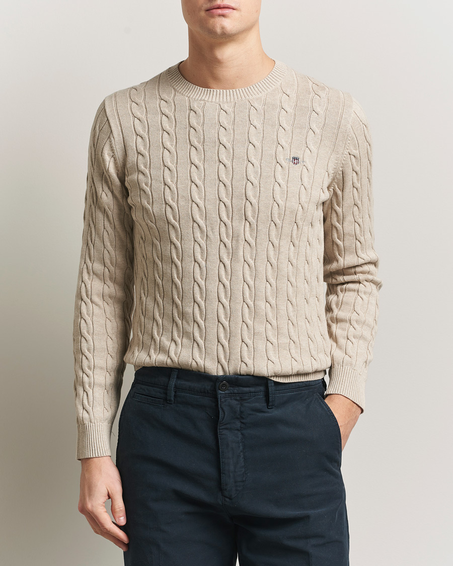 Homme | Pulls Et Tricots | GANT | Cotton Cable Crew Neck Pullover Oat Melange