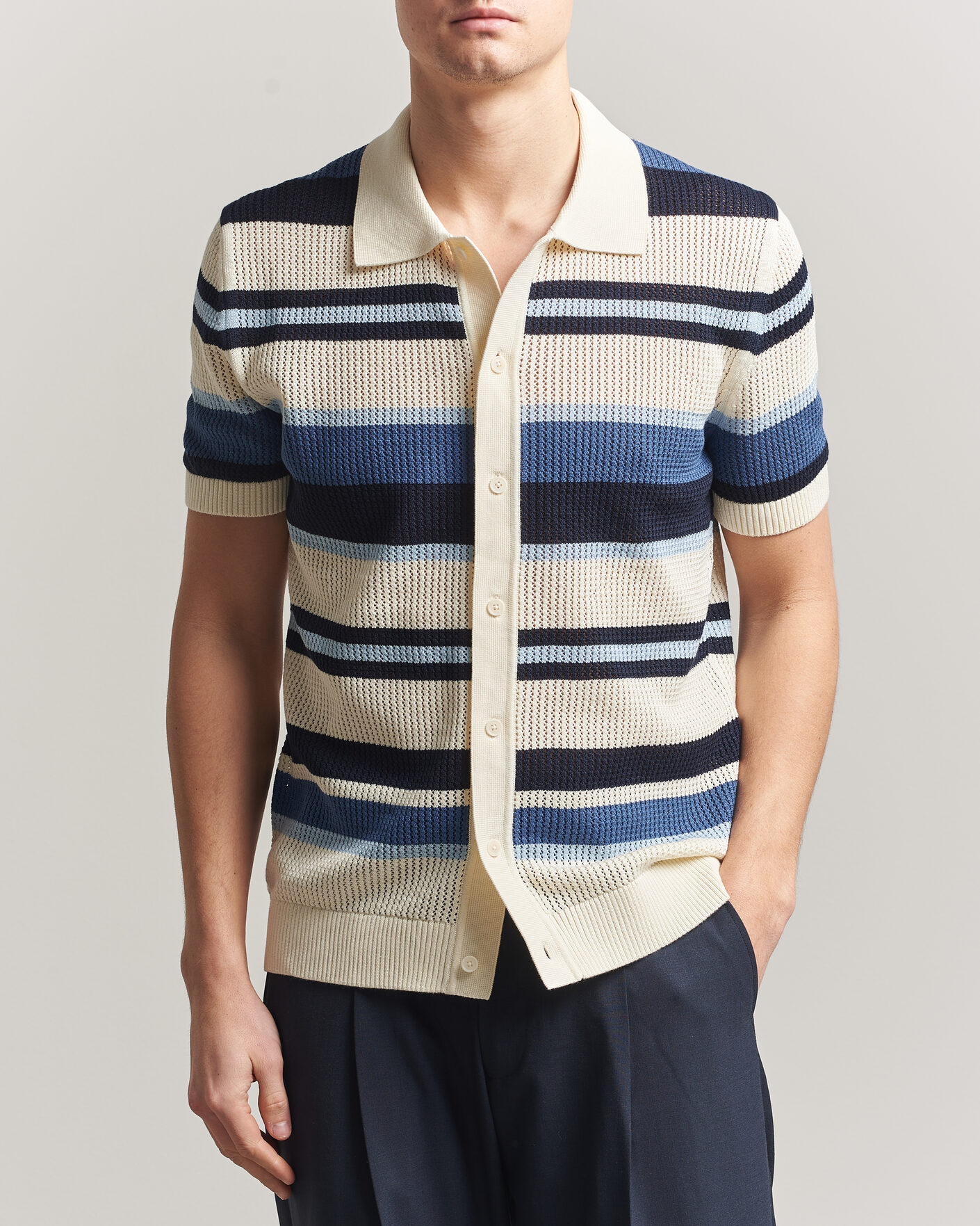 Heren | Overhemden | Gant | Striped Knitted Short Sleeve Shirt Vintage Blue