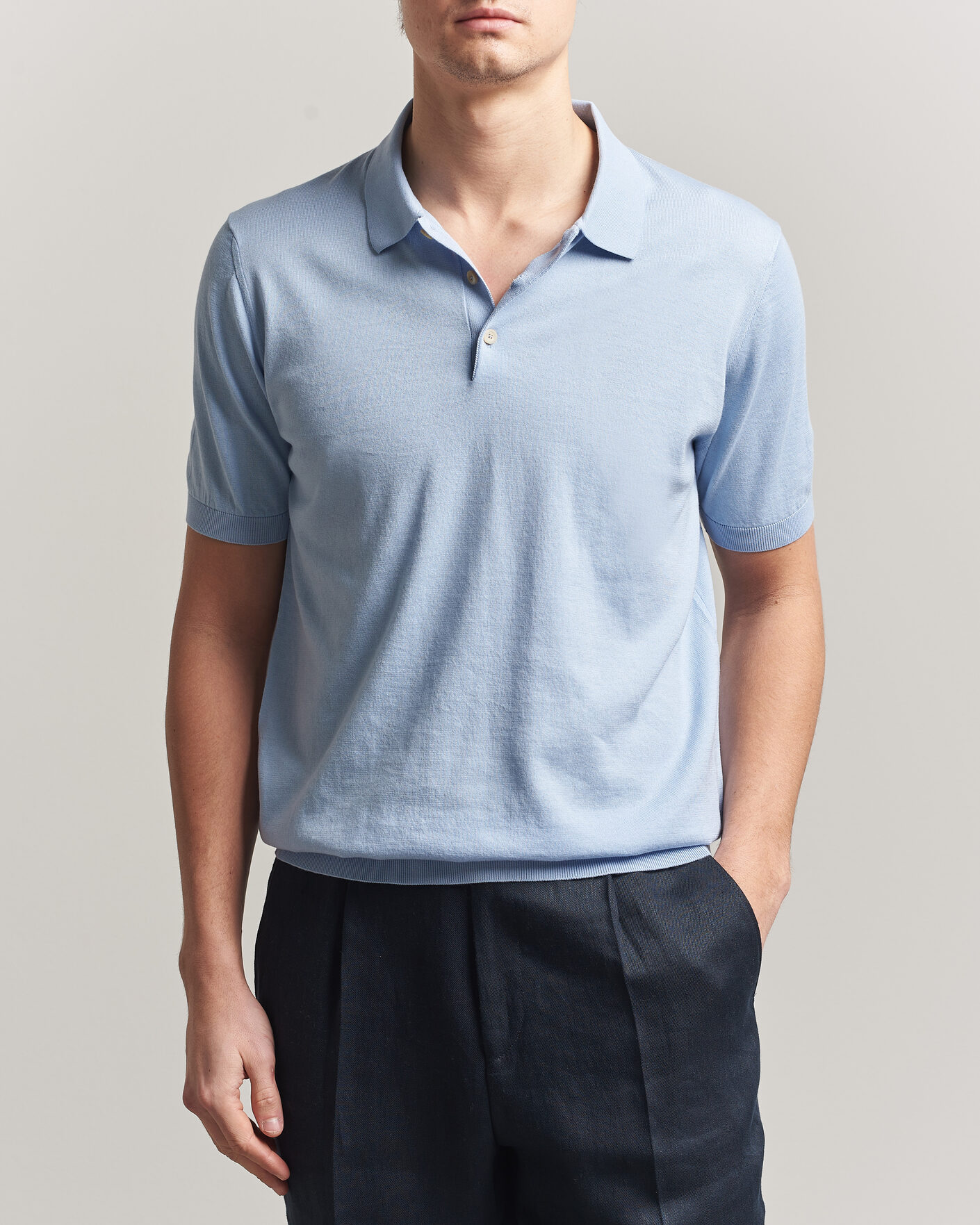 Heren | Polo's | Piacenza Cashmere | Short Sleeve Knitted Polo Light Blue