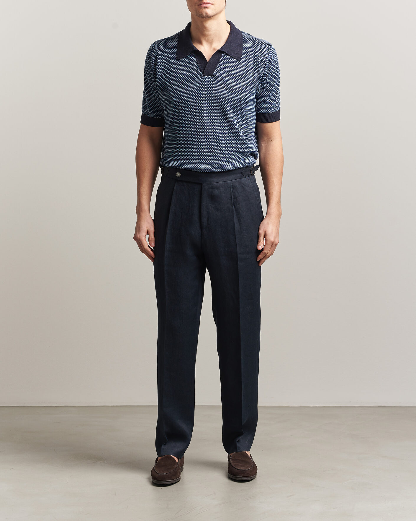 Homme | Polos | Piacenza Cashmere | Silk/Linen Honeycomb Knitted Polo Navy