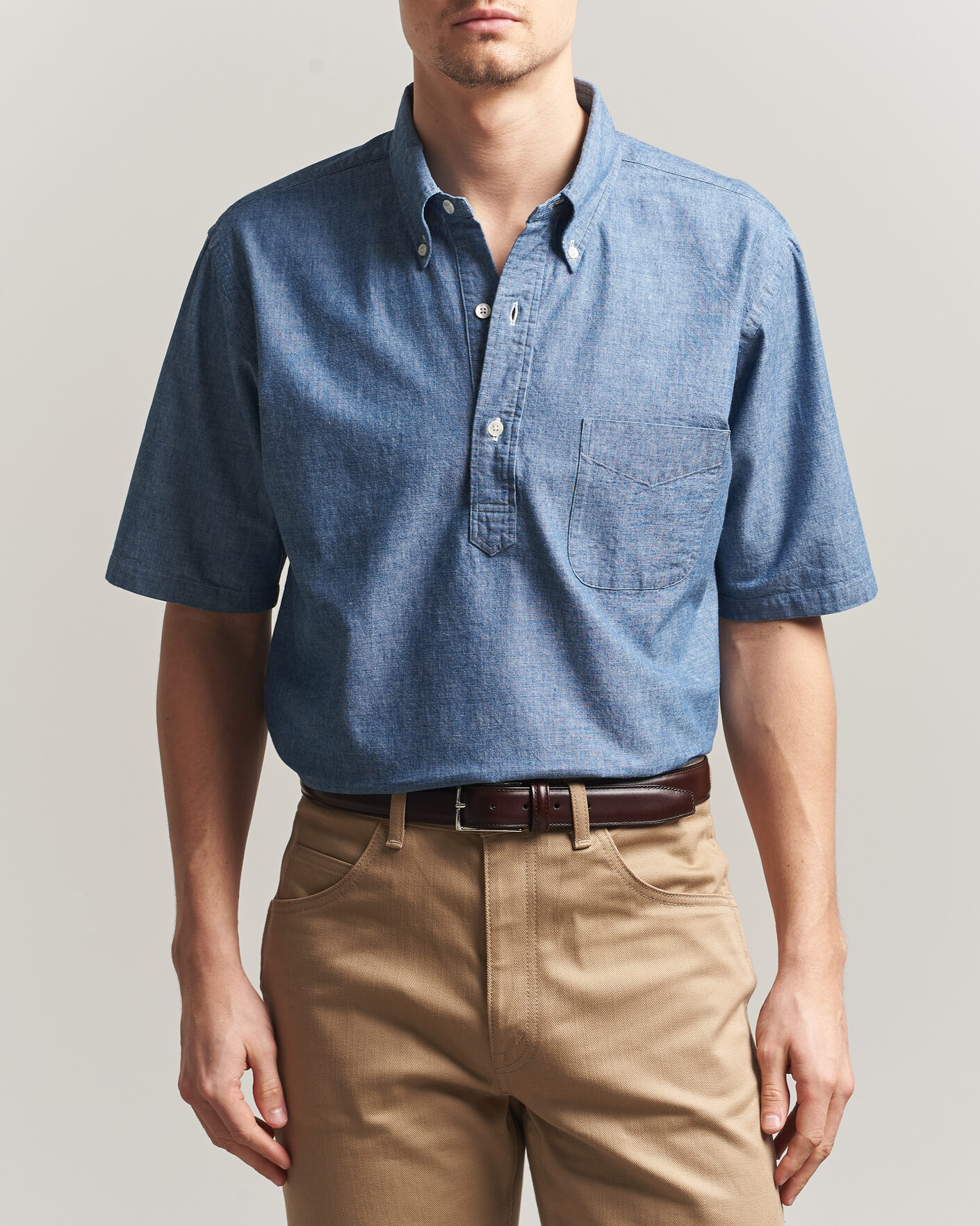 Heren | Overhemden | Kamakura Shirts | Vintage Ivy Half Sleeve Chambray Popover Blue