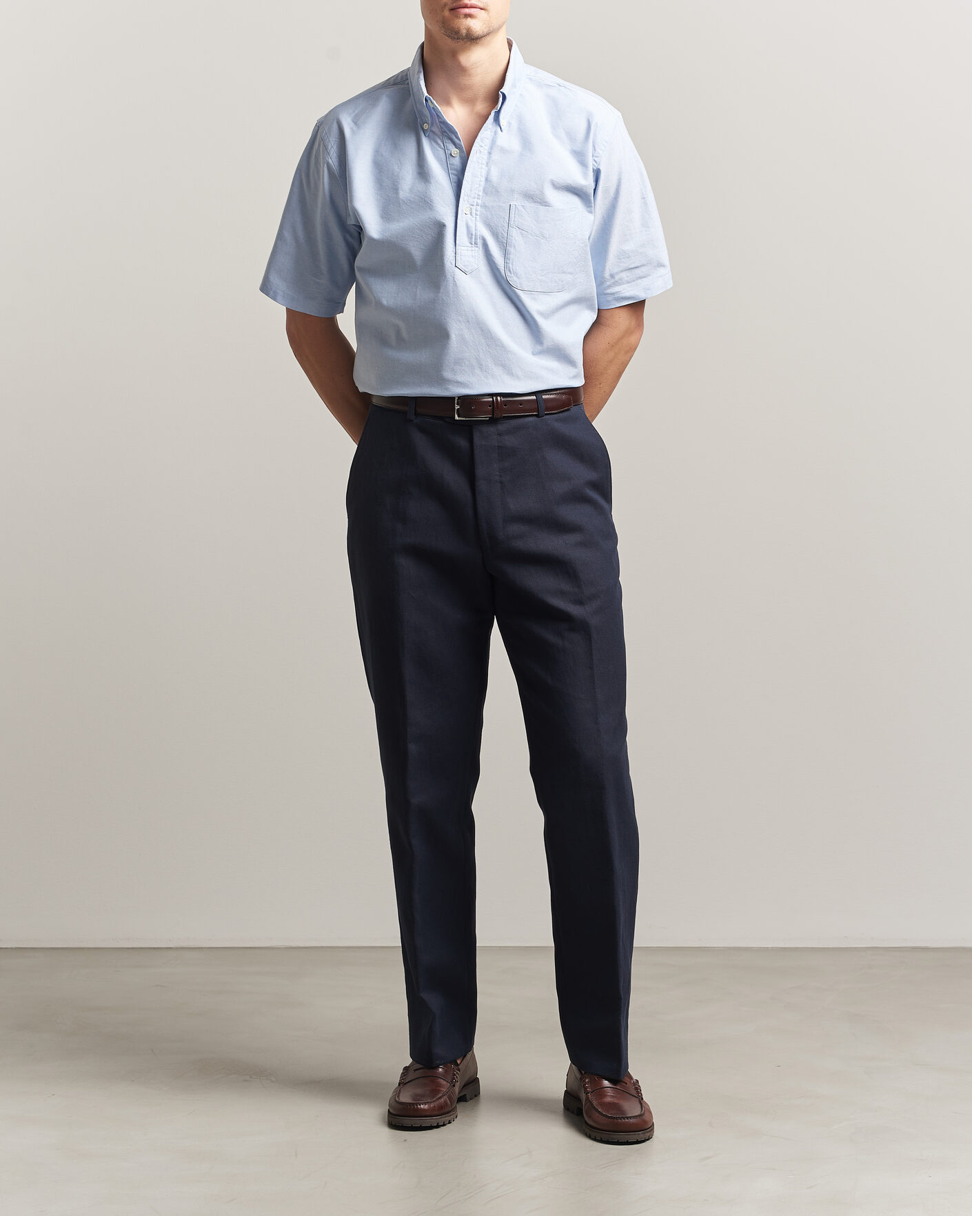 Heren | Overhemden | Kamakura Shirts | Vintage Ivy Half Sleeve Oxford Popover Light Blue