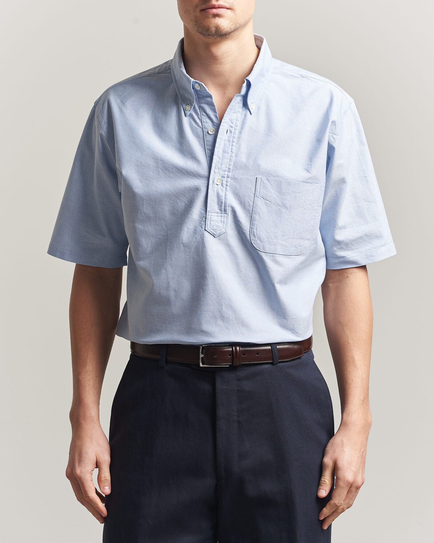 Heren | Overhemden | Kamakura Shirts | Vintage Ivy Half Sleeve Oxford Popover Light Blue