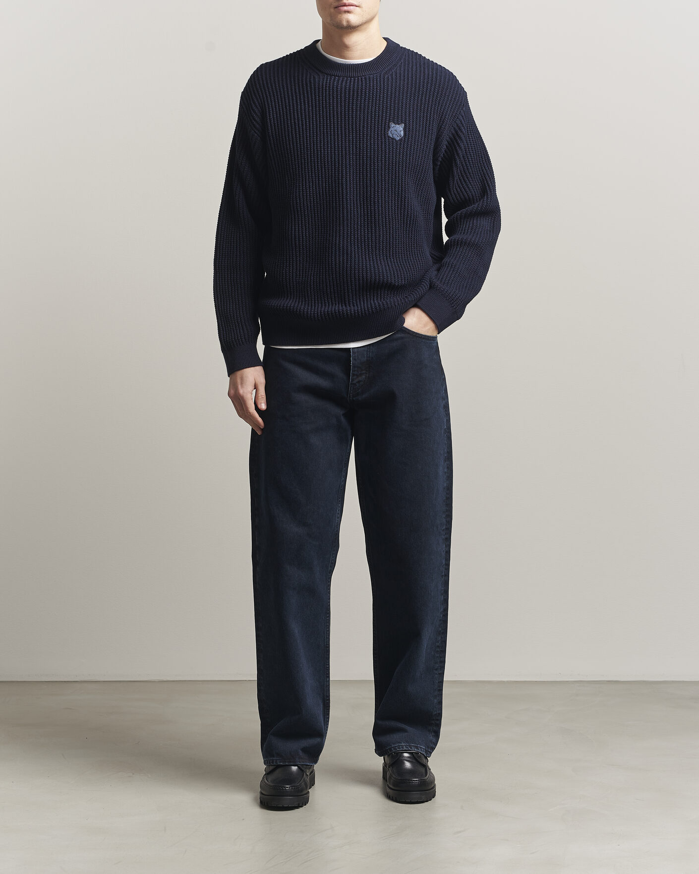 Homme | Pulls Et Tricots | Maison Kitsuné | Tonal Fox Head Rib Knitted Sweater Navy