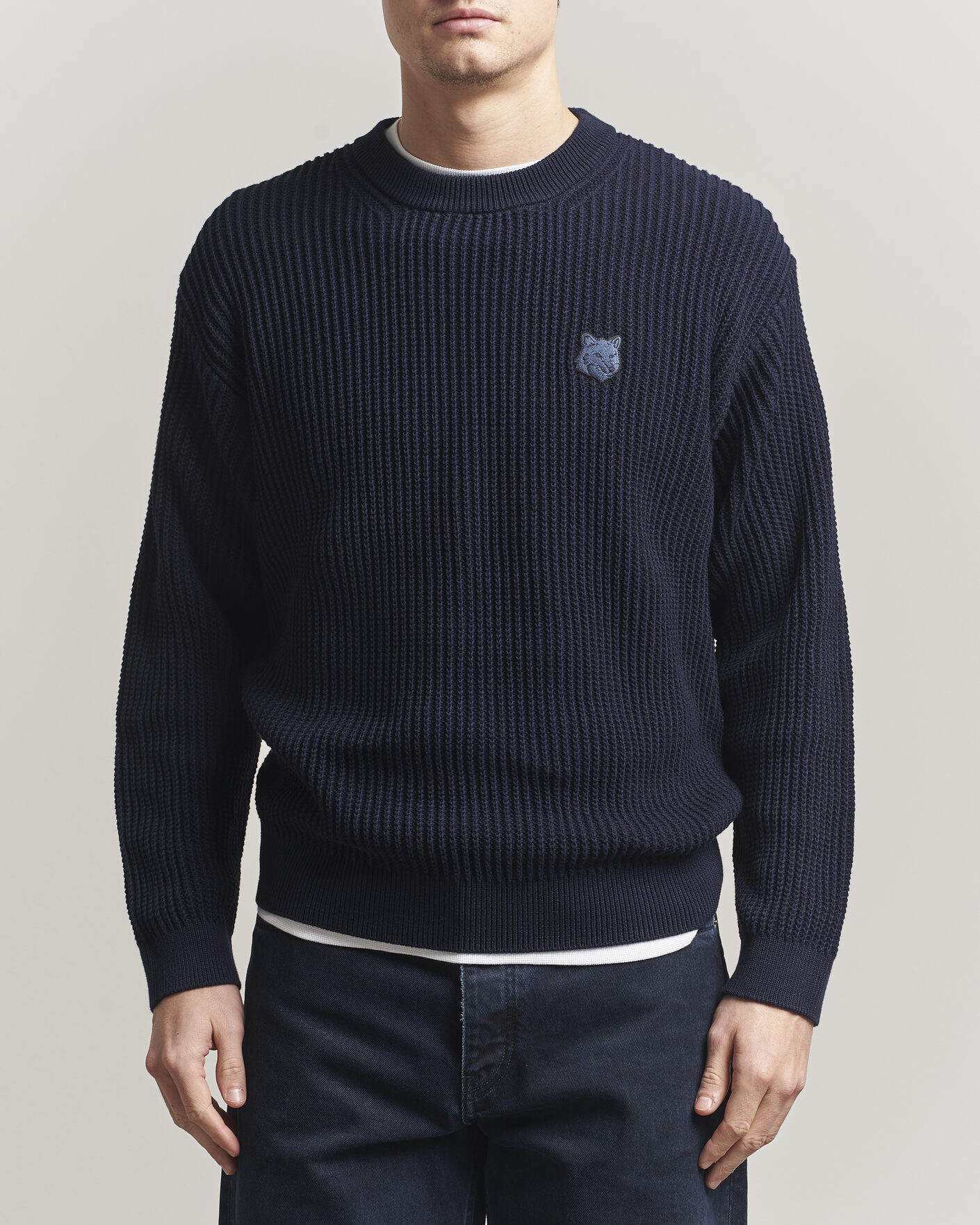 Homme | Pulls Et Tricots | Maison Kitsuné | Tonal Fox Head Rib Knitted Sweater Navy