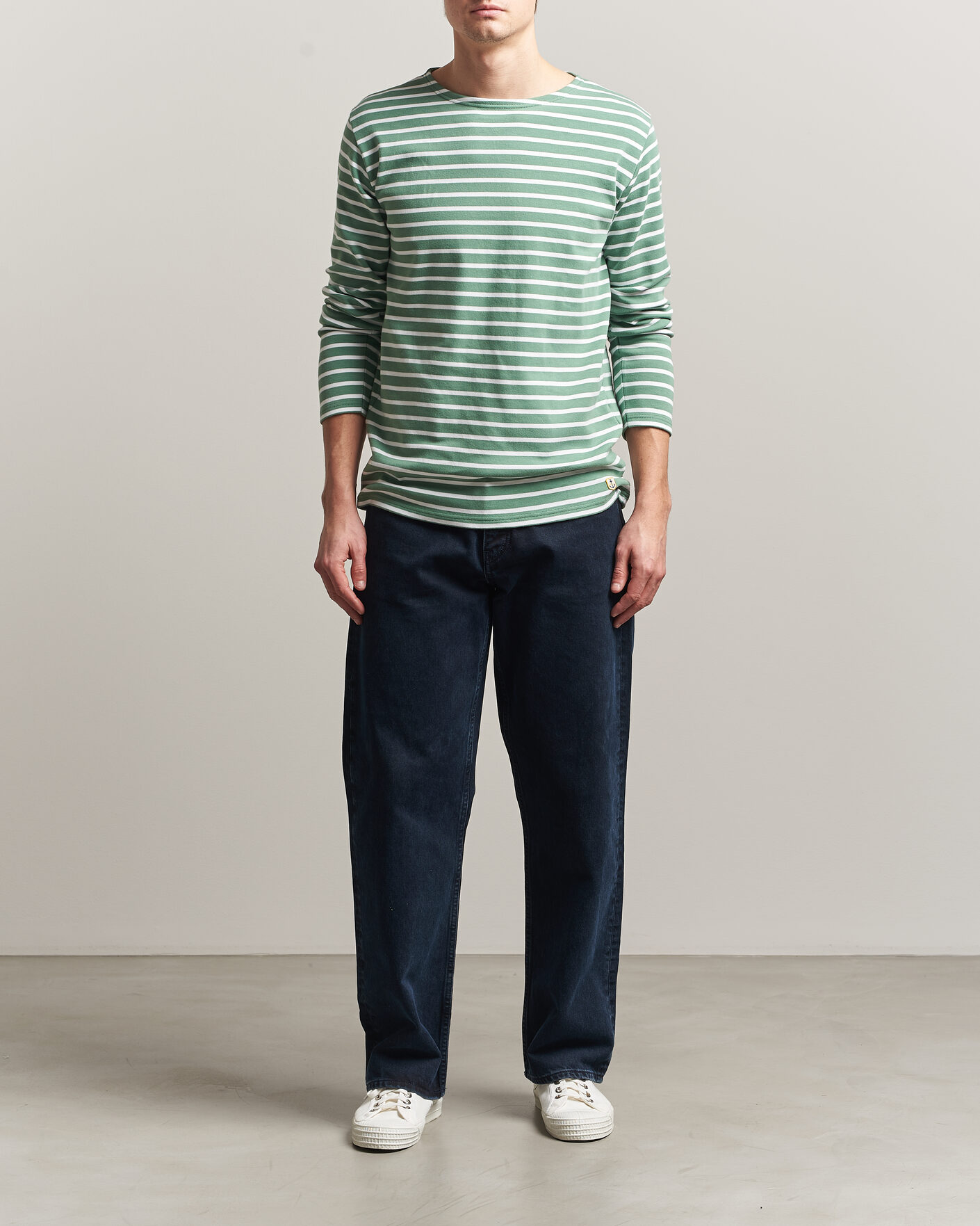 Heren | T-shirts | Armor-lux | Houat Héritage Stripe Long Sleeve T-Shirt Ivy/Blanc