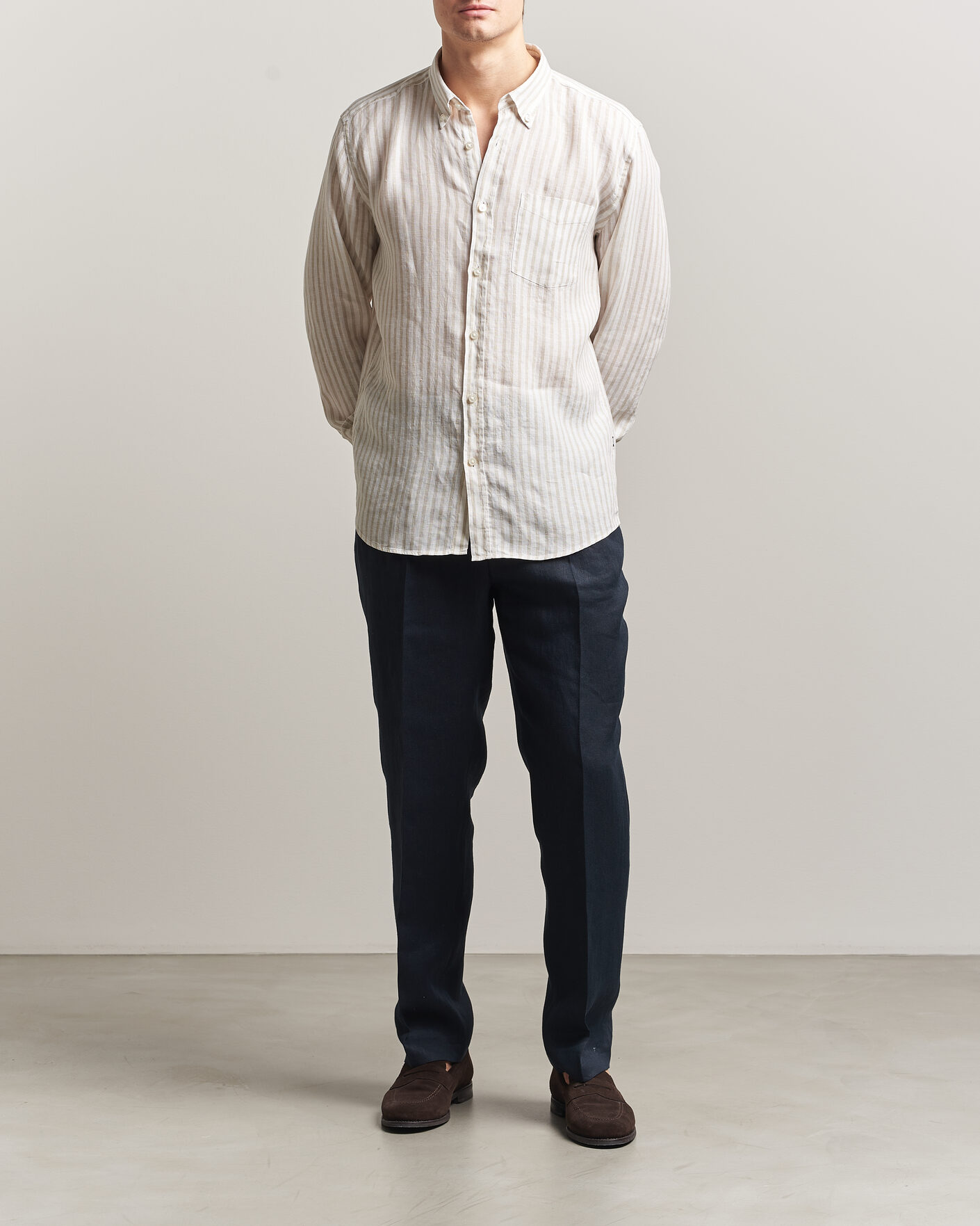 Heren | Overhemden | BOSS BLACK | Liam Striped Linen Shirt Open Beige