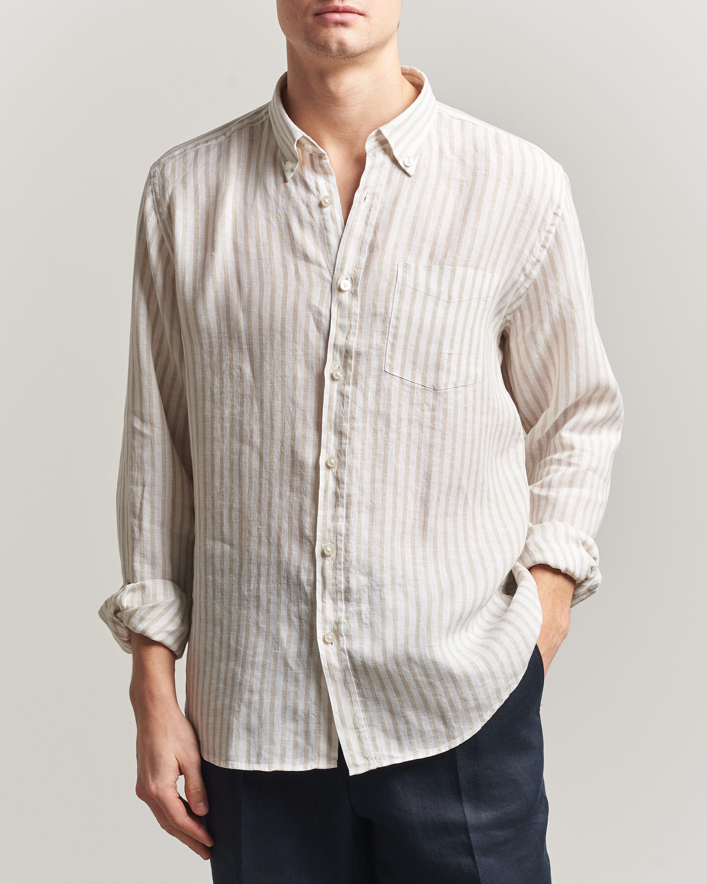 Heren | Overhemden | BOSS BLACK | Liam Striped Linen Shirt Open Beige